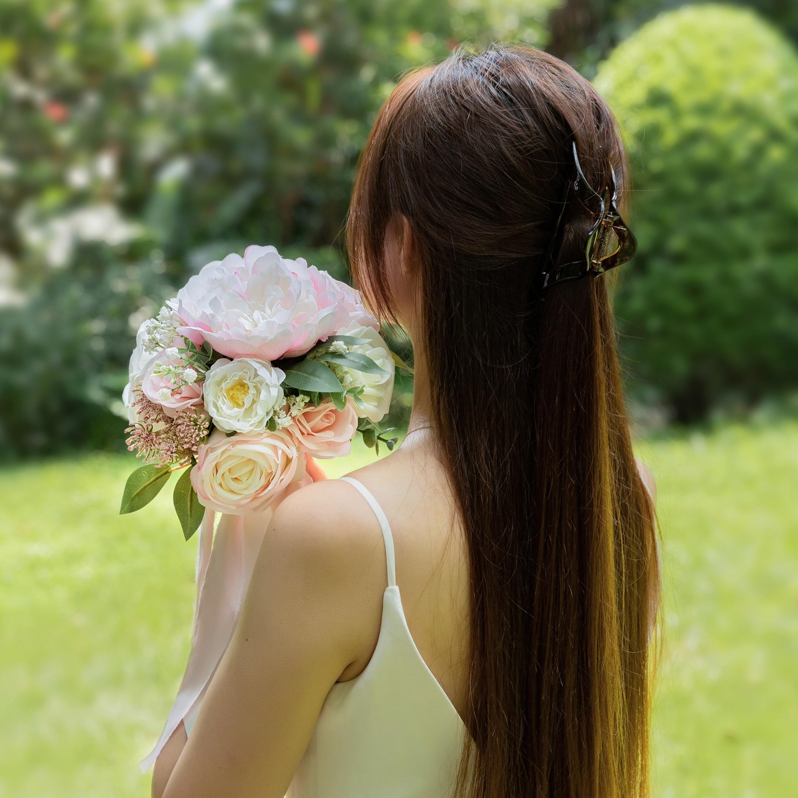Blush Pink Ivory Artificial Rose Wedding Bouquet For Bride Bridesmaid