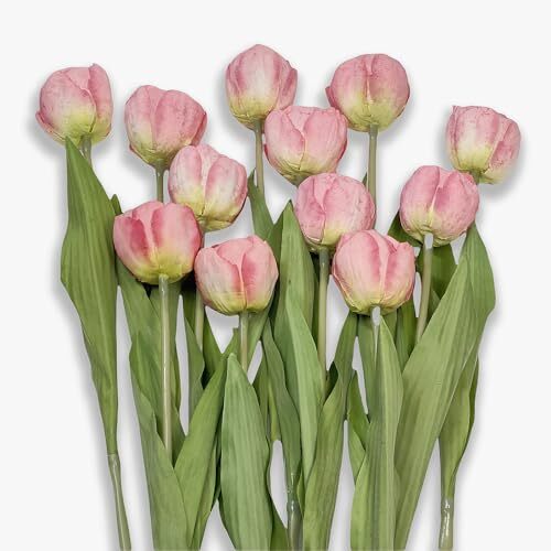 12pcs Fake Pink Tulips Burnt Edge Silk Tulips Artificial Flowers with 14.9” …