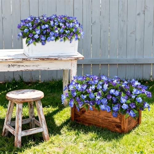 Artificial Fake Flowers for Outdoor, 6 Bundles UV Resistant Dark&light Blue