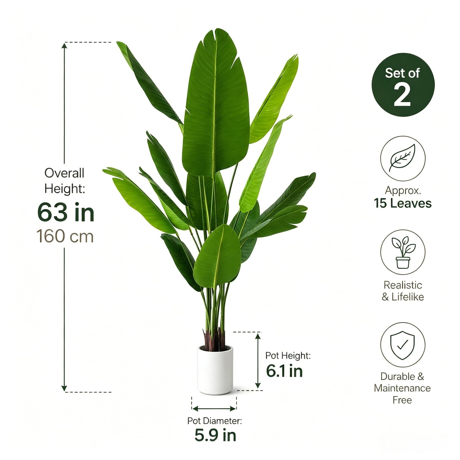 Artificial Bird of Paradise Plant 5.2ft, Faux Banana Leaf Tropical Trees with…