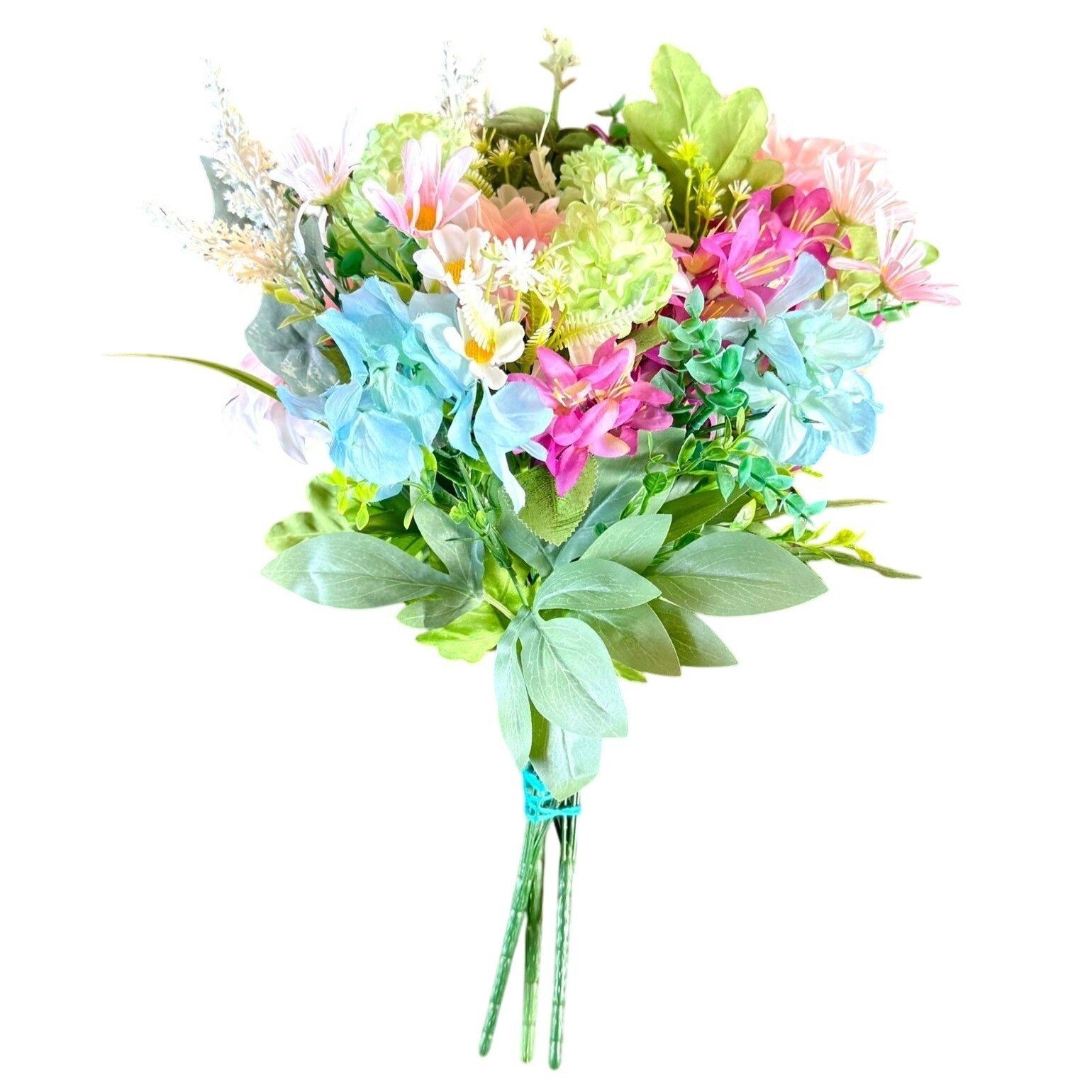 Upcycled Handcrafted Artificial Floral Arrangement Blue Green Pink Flowers OOAK