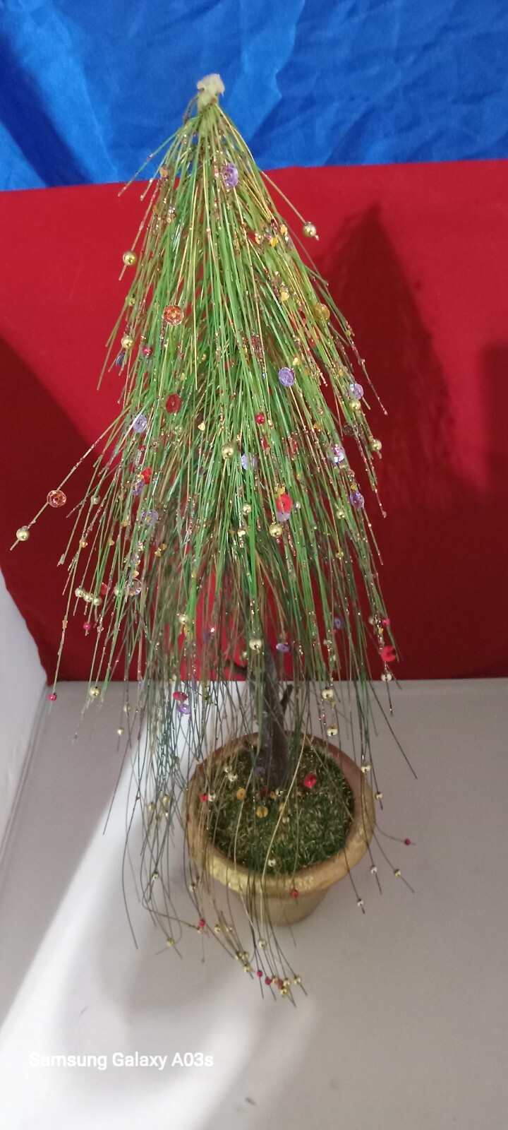 Faux Long Needle Pine In Gold Pot 19″ Tall Wth Sparkles