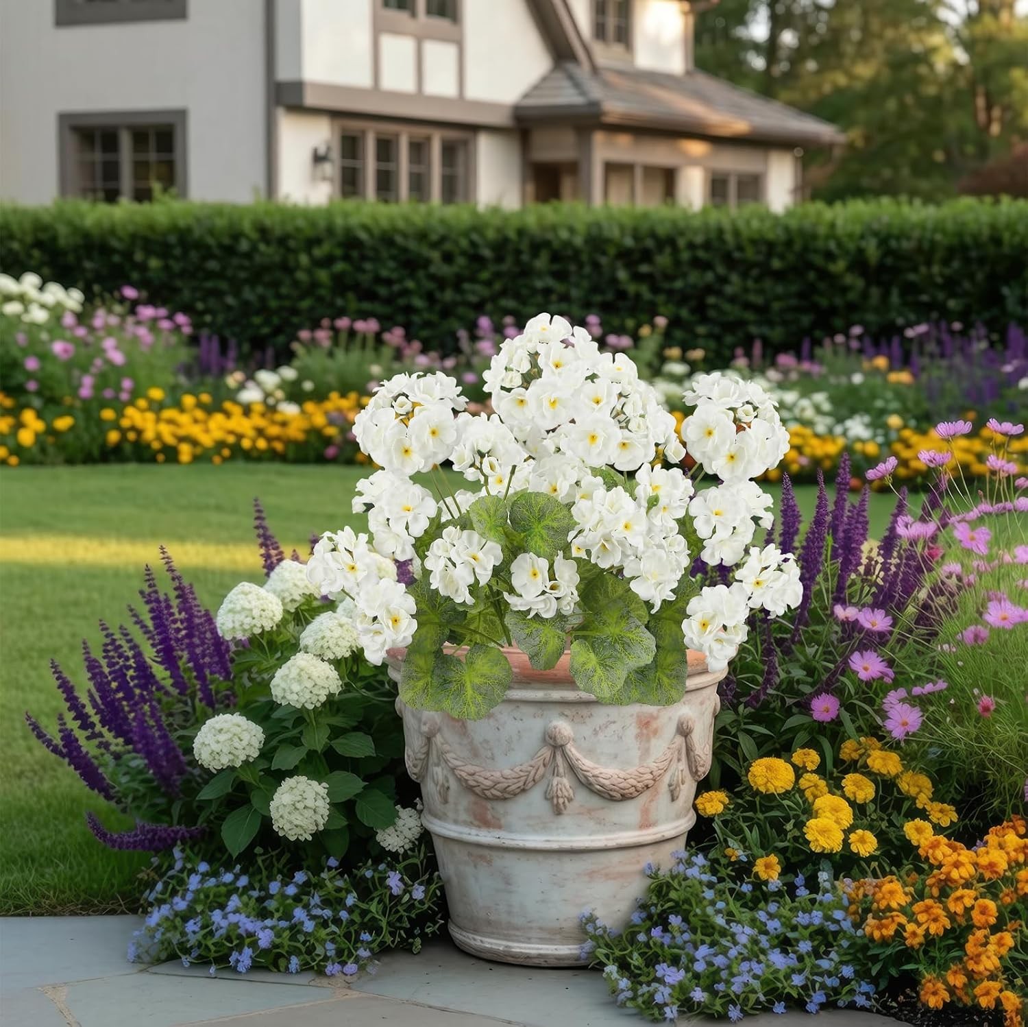 2 Pcs Artificial Geraniums for Outdoors 23” Faux Flowers White Silk Geraniums