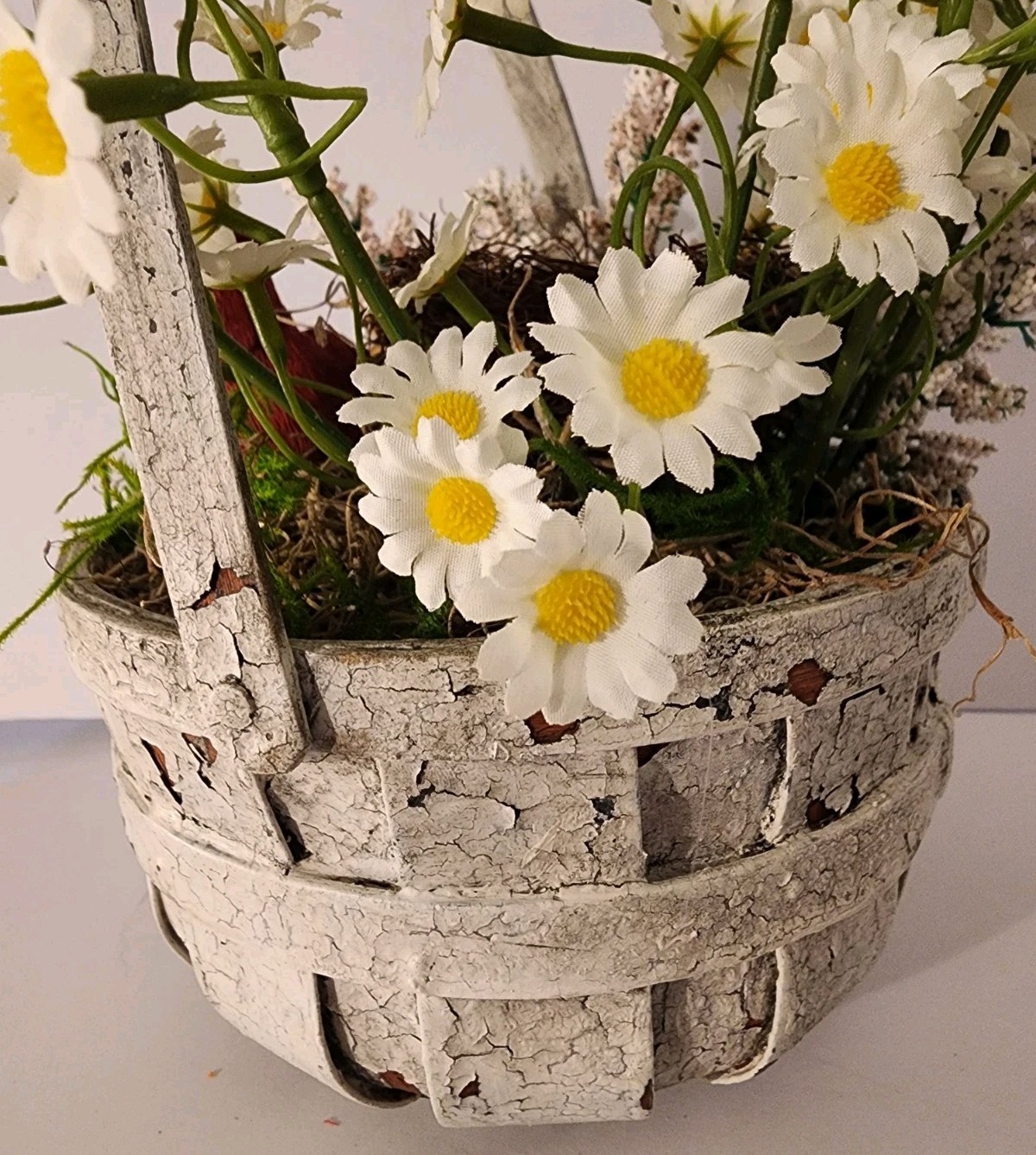 Artificial Bird Floral Arrangement In Crackled Apple Basket Summer Accent Piece