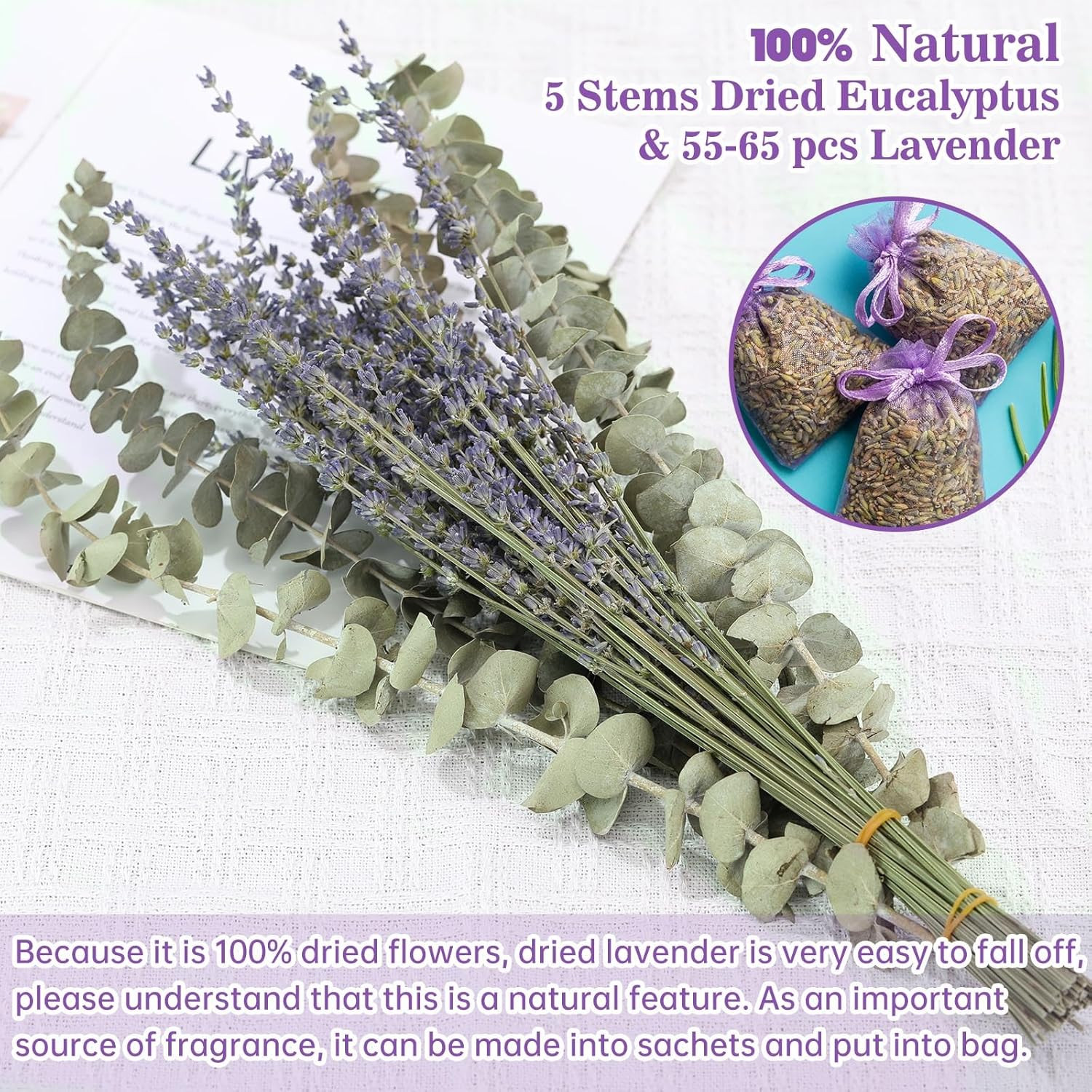 65 PCS Dried Eucalyptus Stems & Lavender Flowers Bundle for Shower, 17” Natural