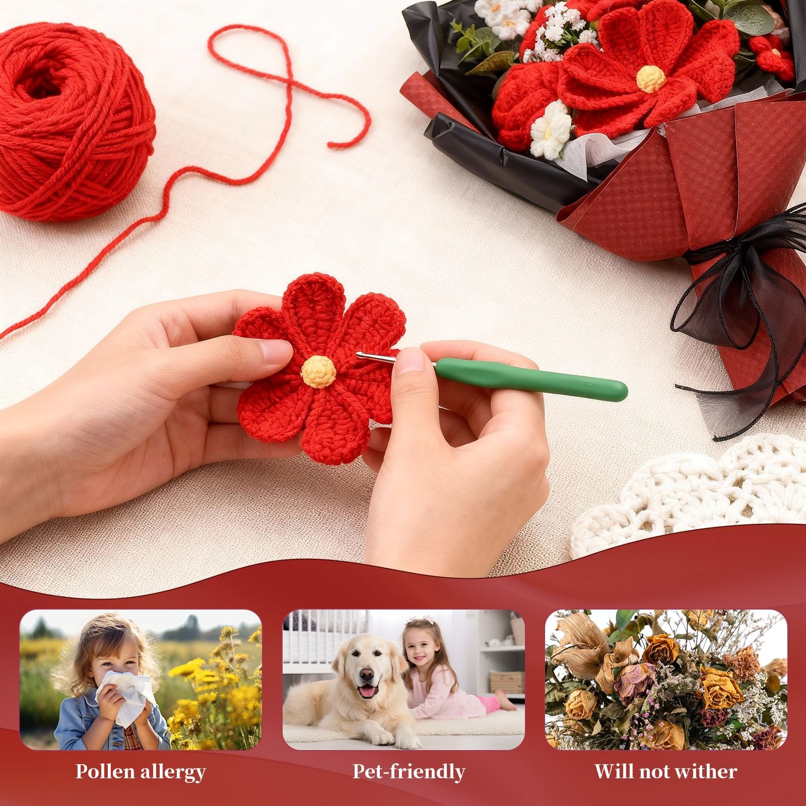Handcrafted Black Red Knitted Crochet Tulip Galsang Flower Bouquet Fake Silk