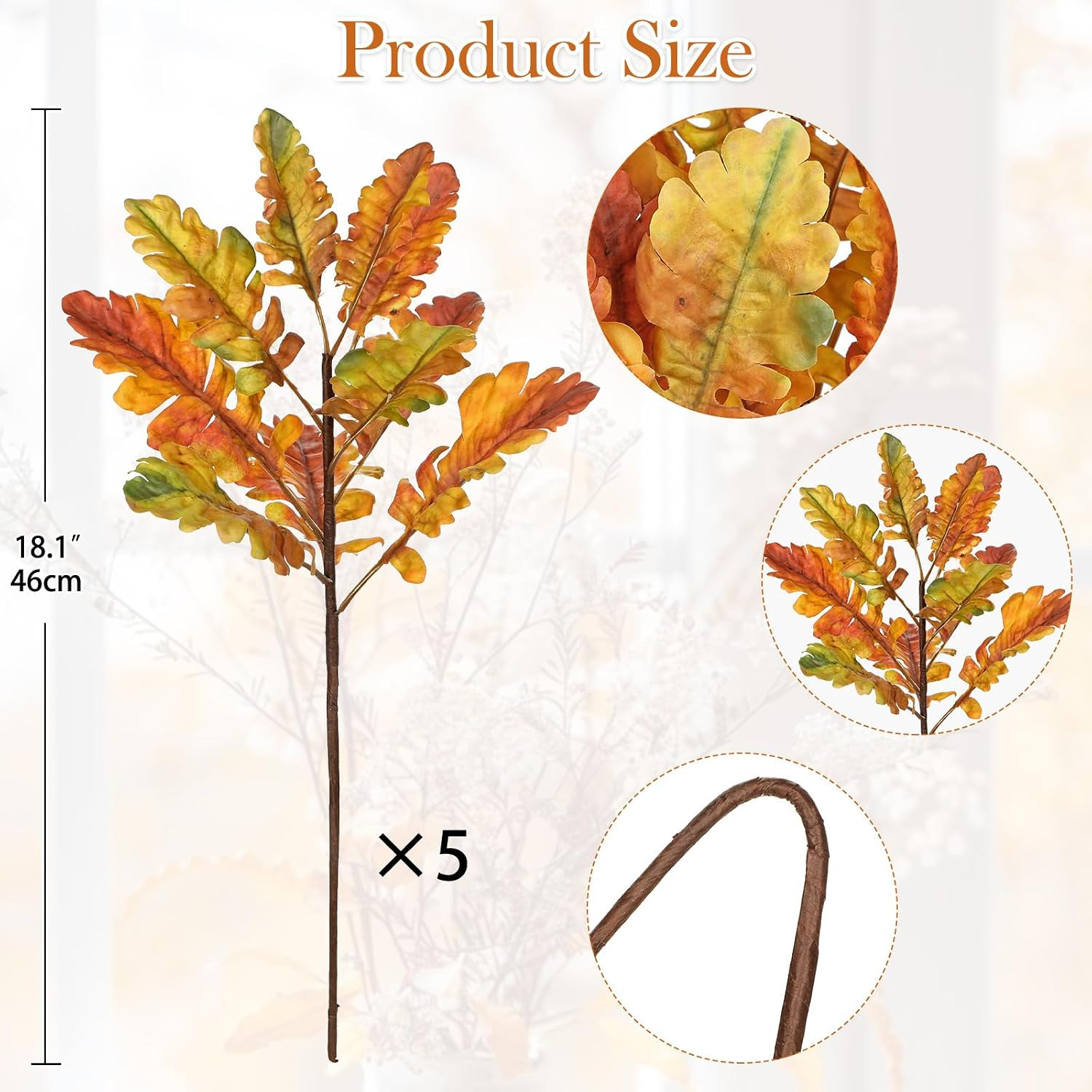 Faux Oak Leaf Branches 5 Pcs Fall Leaf Stems for Vases, 18″ Fall Leaves Stems Ar