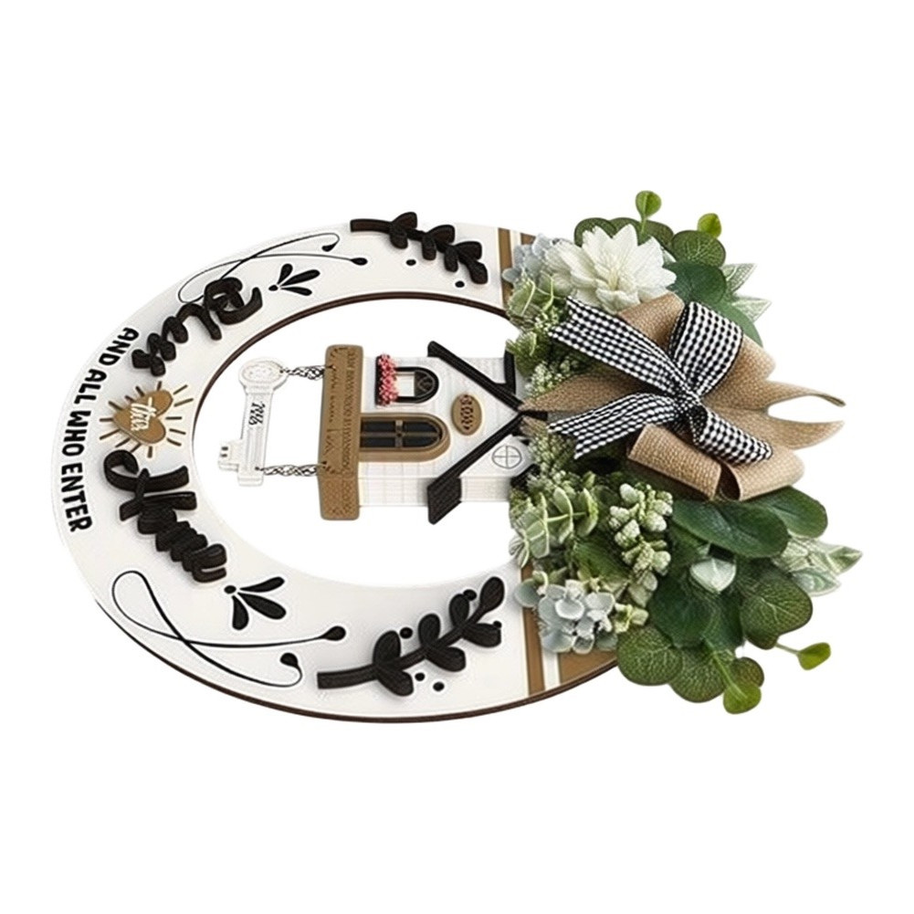 Farmhouse Wooden Welcome Wreath for Front Door Porch Decor 15 Inch Rustic