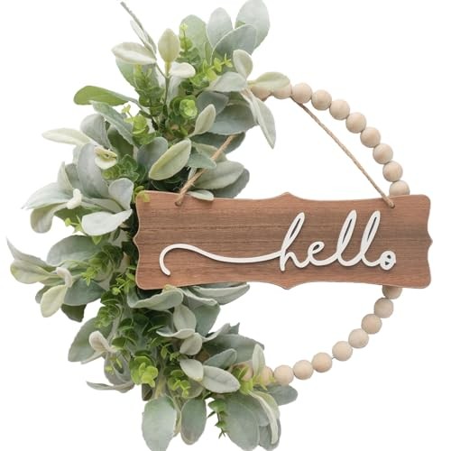 Green Wreath for Front Door, Wood Bead Wreaths with Artificial Lambs Ears