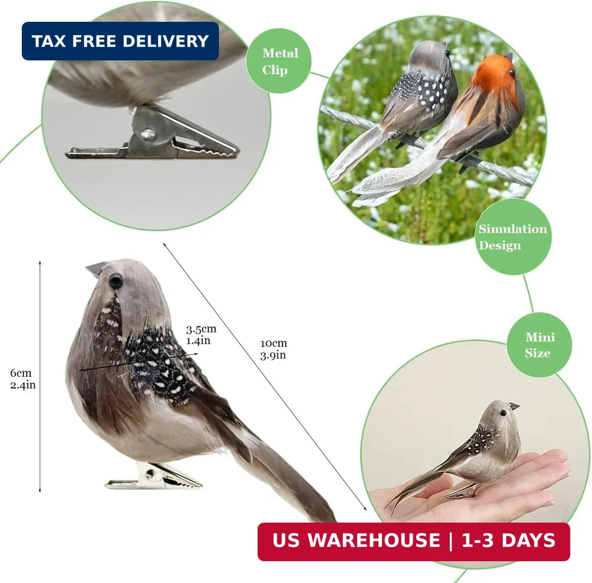 6pcs Artificial Birds Realistic 3.9-Inch Simulation Foam Feather Sparrow Bird Cl