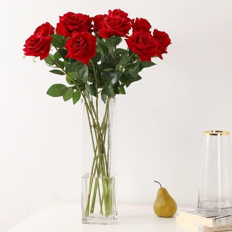 Red Rose Artificial Flowers, 1Pc 17″ Single Red Rose for Valentine’s Mother’s…