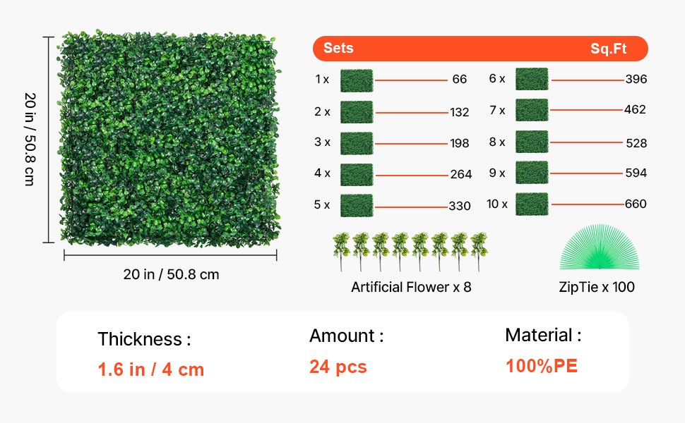 Artificial Boxwood Panel 24pcs 20 x 20 in Green Fake Grass Wall | 1.6 in Sun