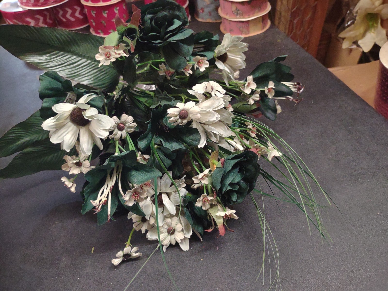 16″ Silk Floral Arrangement Bush, 14 Stems, Rose/Daisy/Tiger Lily, Hunter Green