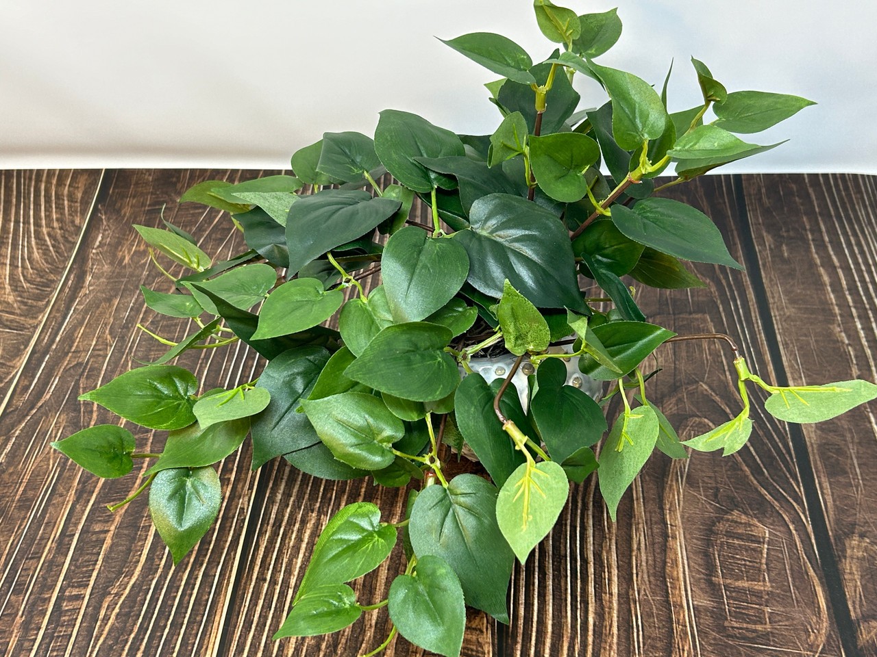 8″ Potted faux GREEN POTHOS Vine Silk plant, Cream Dot Ceramic pot