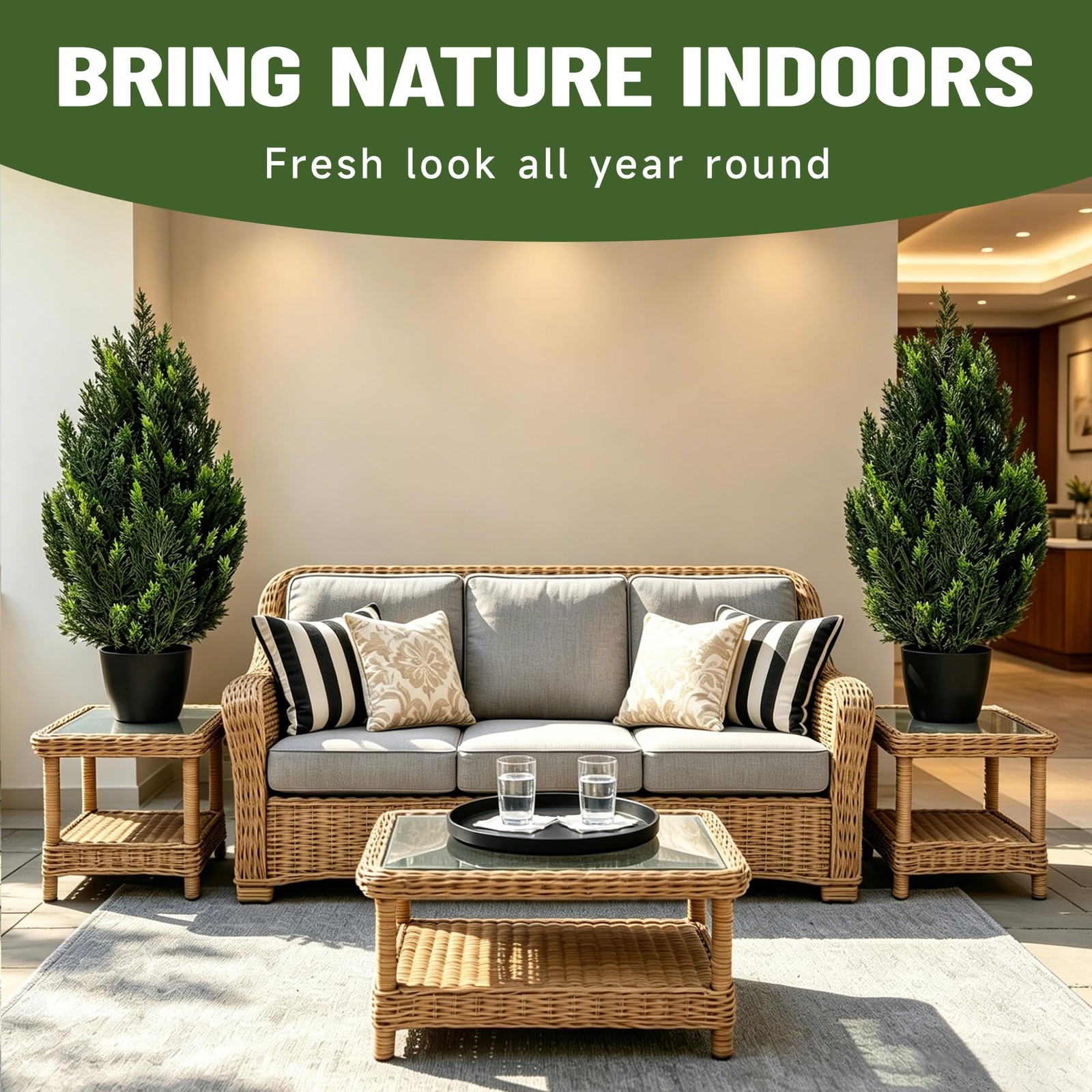 Set of 2 Artificial Topiary Cedar Trees 2FT, Small Faux Potted Plants with We…