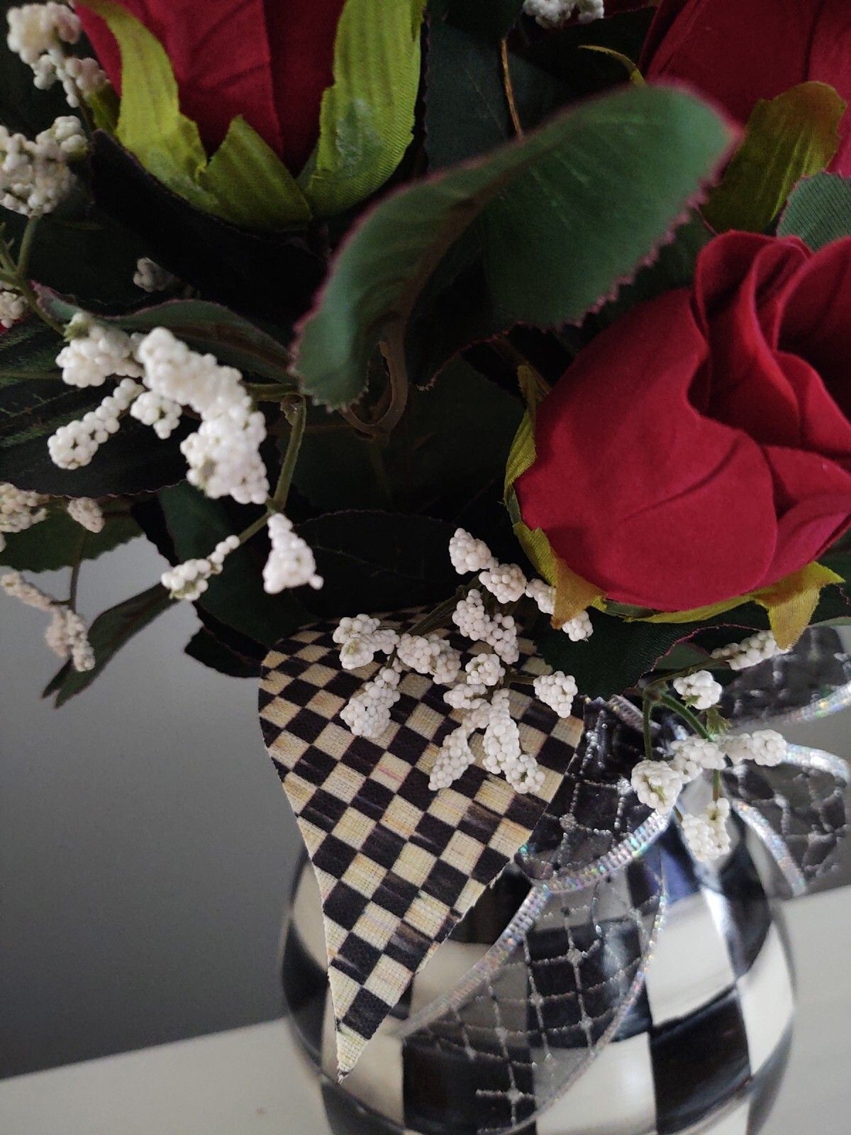 MY OWN HP Whimsical Vase & Red Rose Flowers w/ Designer Check Ribbon
