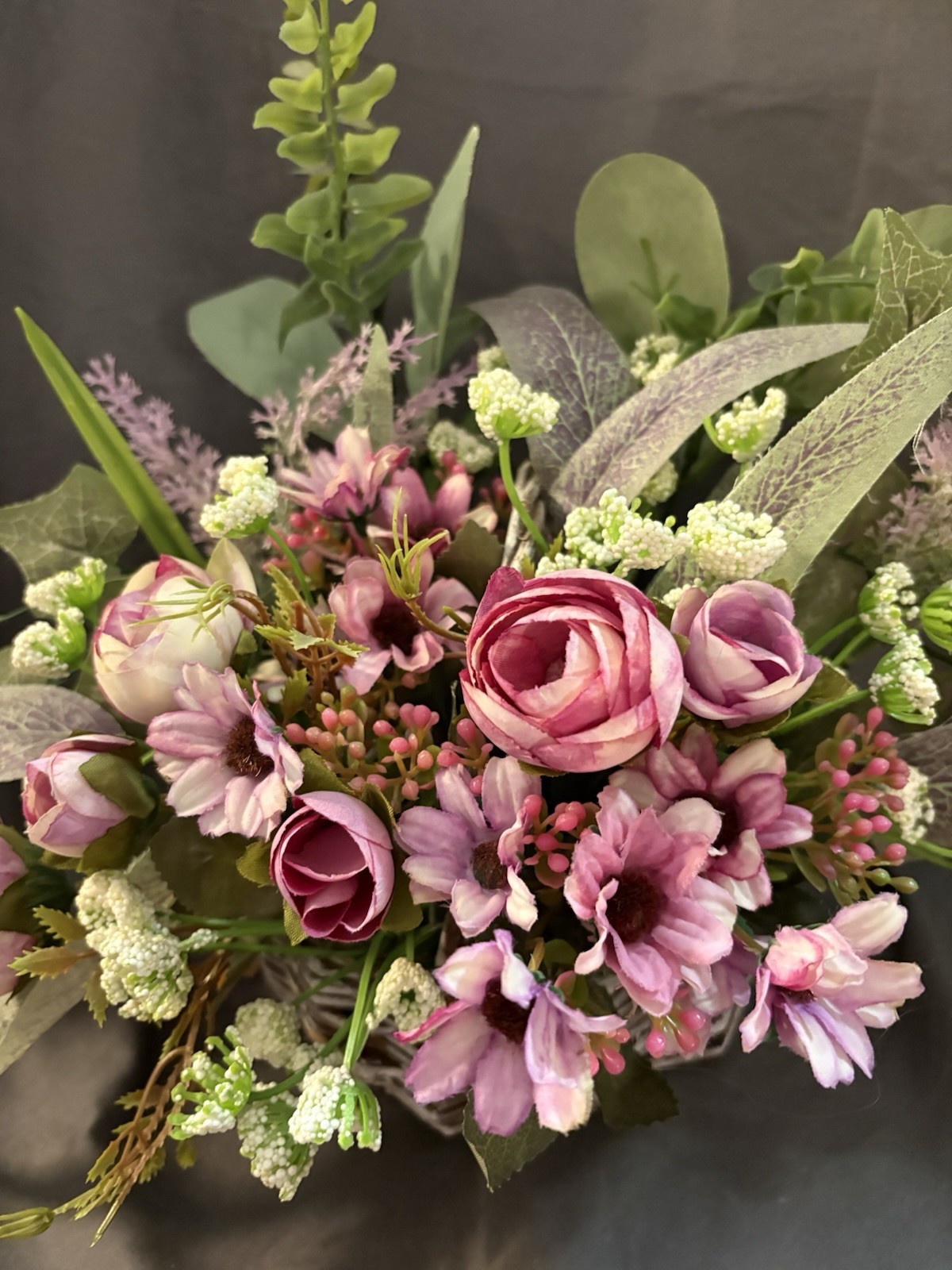 New Handmade Floral Arrangement 15 X 21” Purple Flowers In Heart Basket SKU HW6