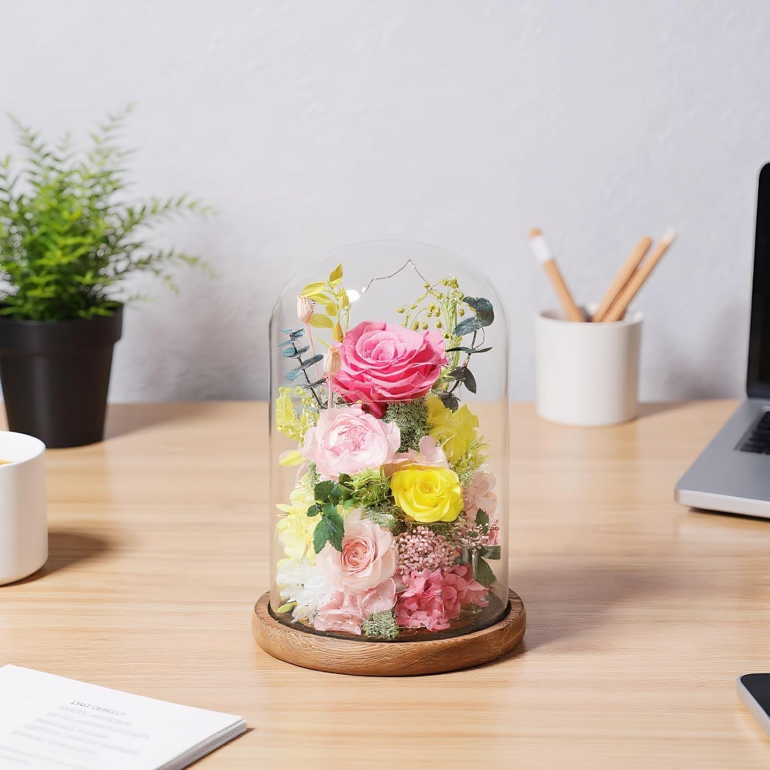 Flowers for Delivery Preserved Flowers Rose in Glass Dome,Pink Rose Forever Flow