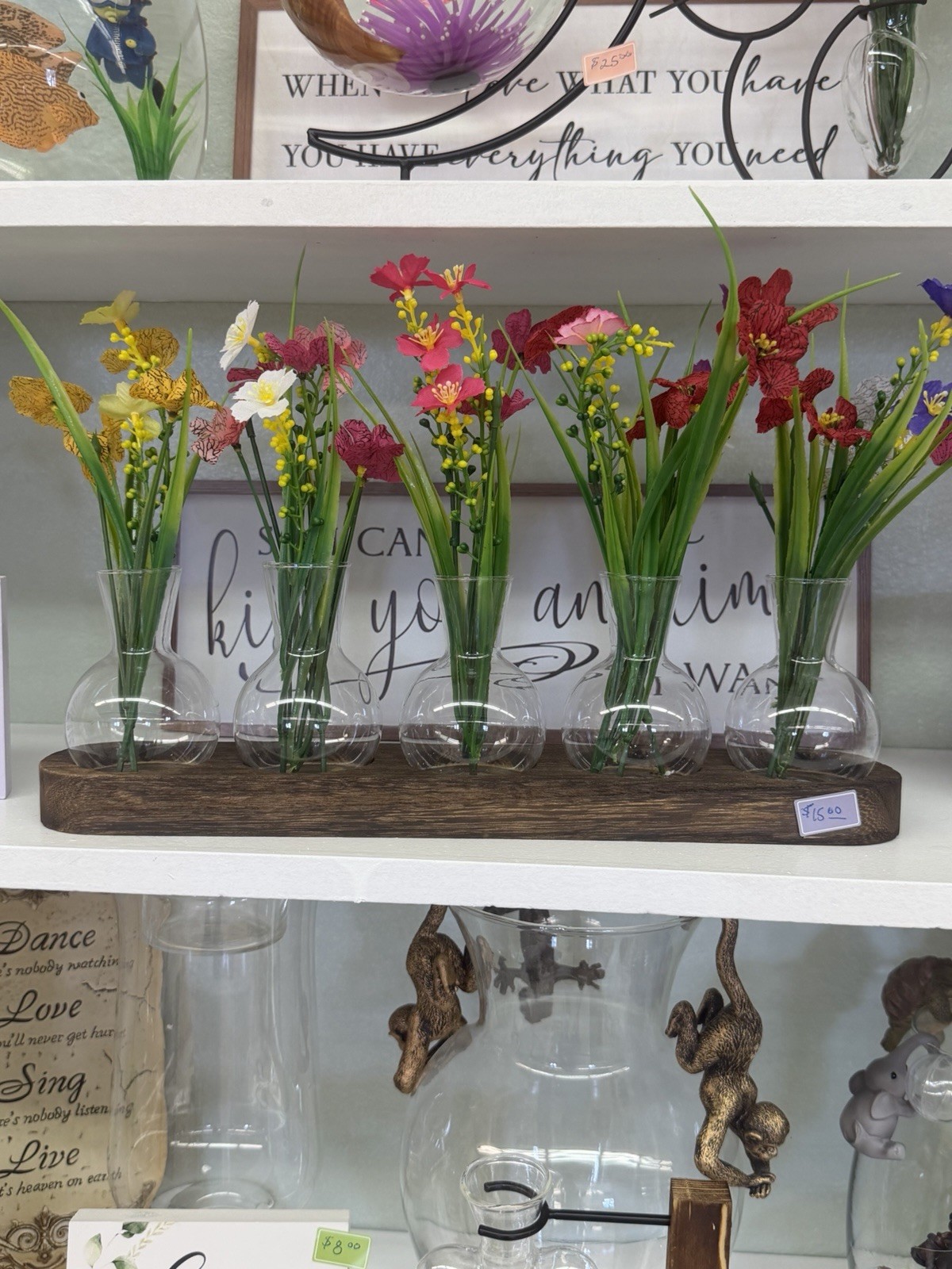 Artificial Multicolor Wildflower Centerpiece, 5 Glass Bud Vases Wood Base