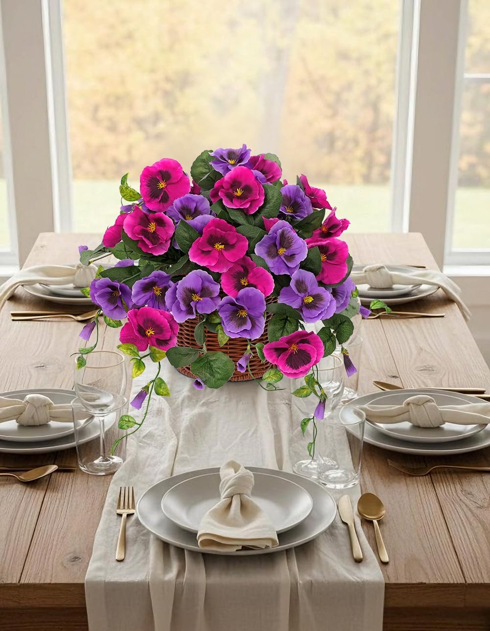 Artificial Pansy Flowers, Potted Faux Cascading Flowers in Basket, Farmhouse …