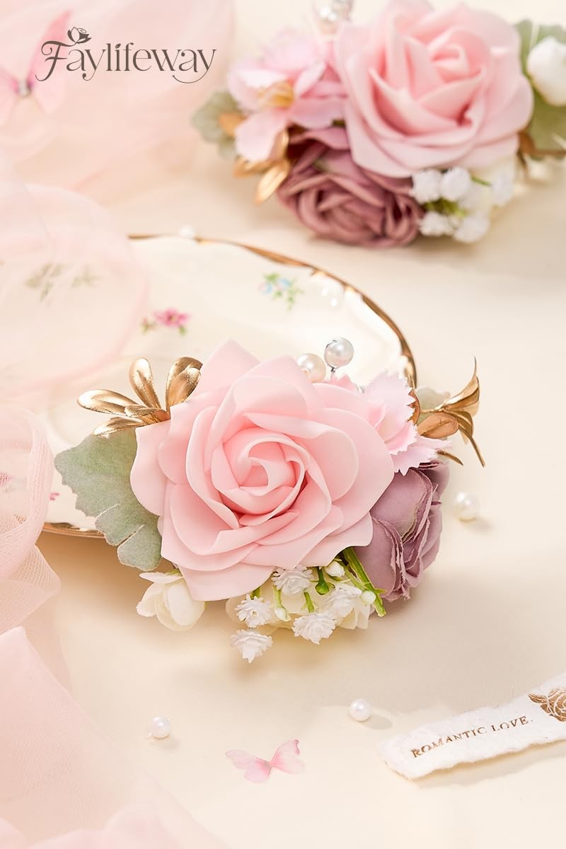Pink Rose Corsage and Boutonniere Set Prom Flower Wrist Corsage for Wedding B…