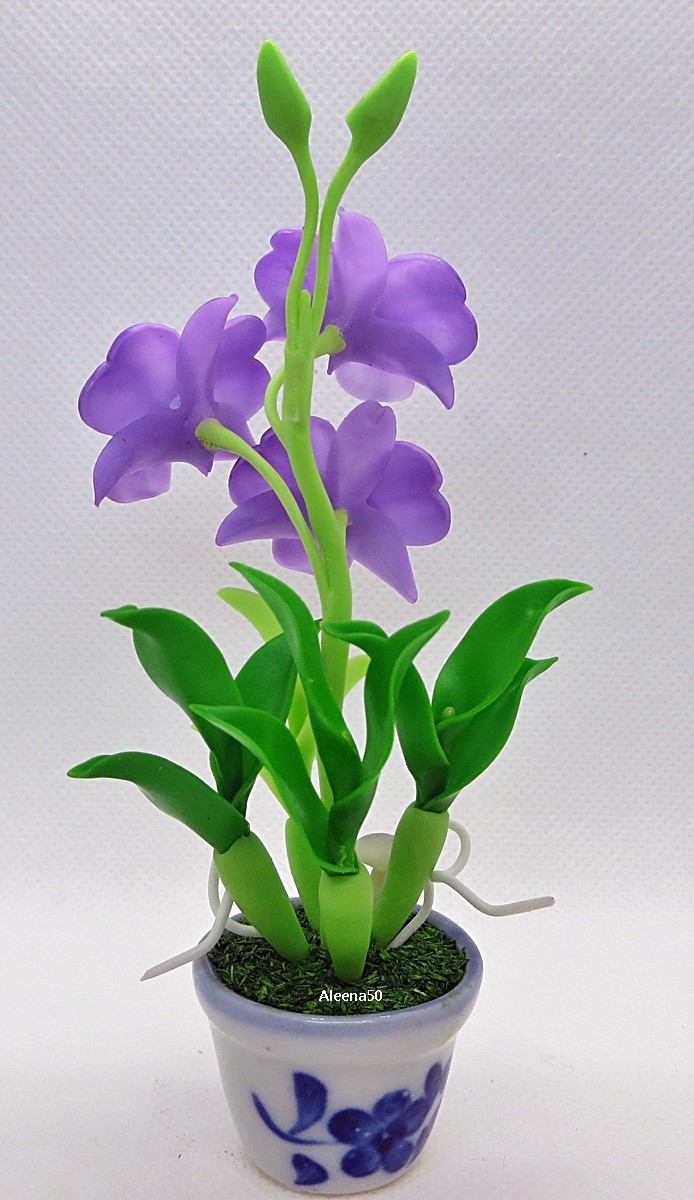 US Stock 4″H Handmade Air-Dry-Clay Miniature Dendrobium Orchid Arranged in Pot