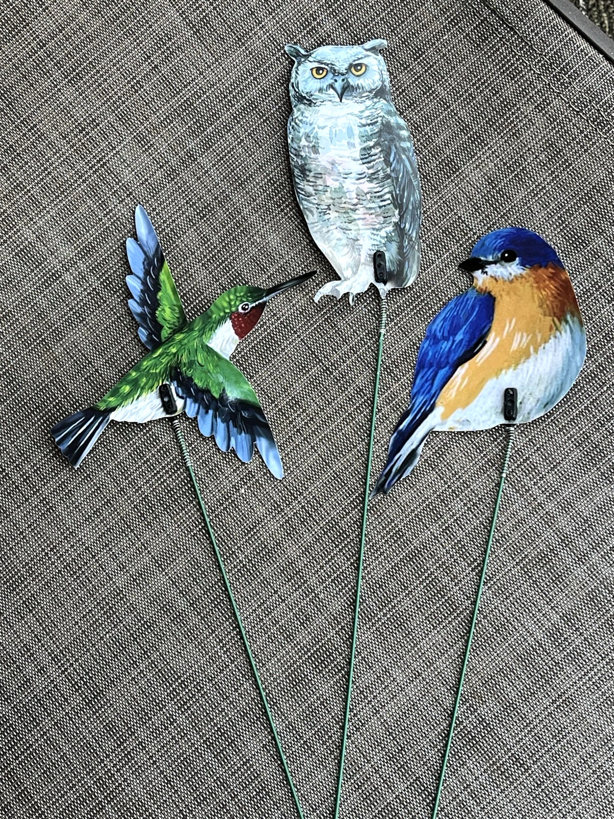 Bird Picks Lot of 3 Decorative Plastic on Wire Stems Owl, Hummingbird, Blue Bird