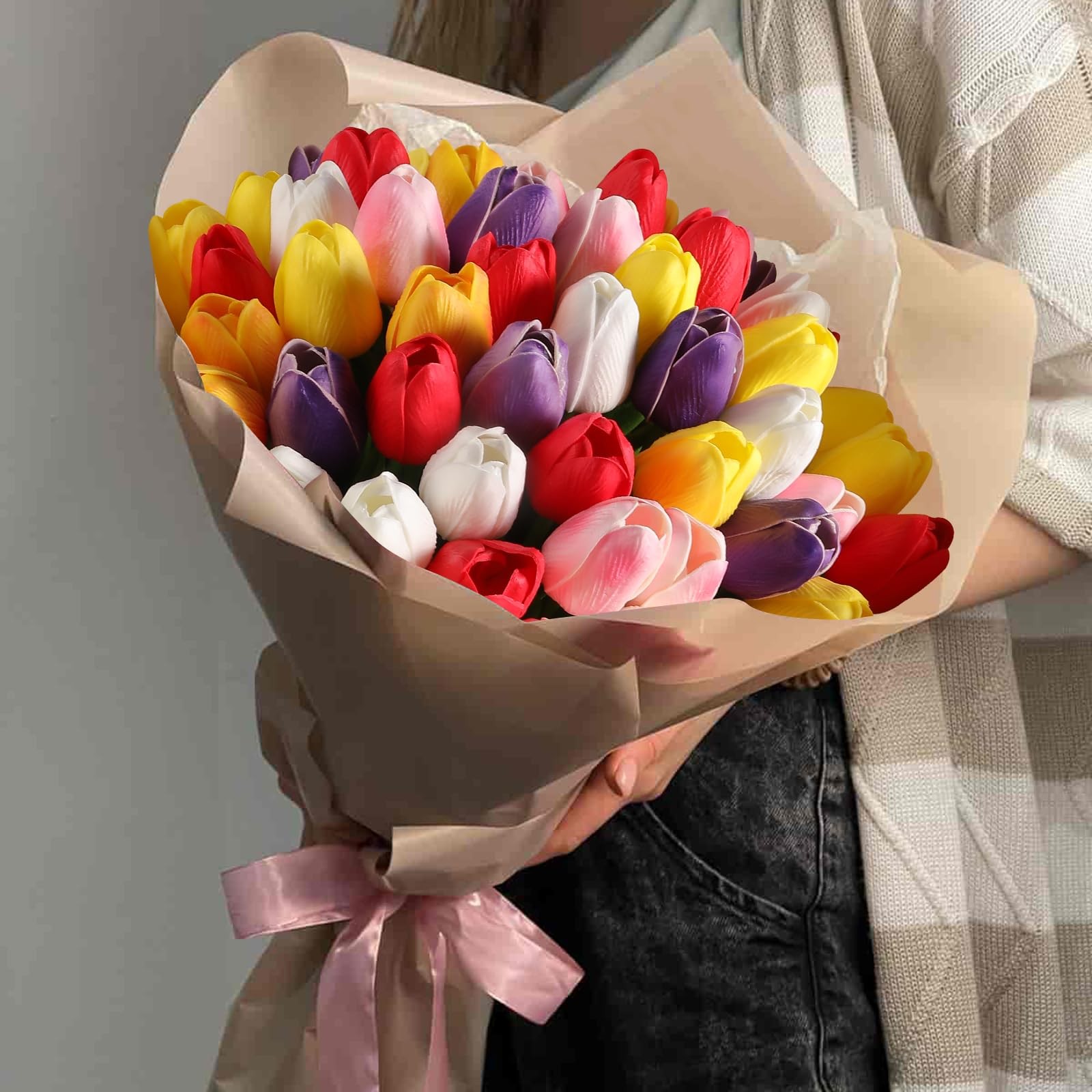 Artificial Tulips 30 Pcs 13″ Height White Real Touch Faux Flowers – Home