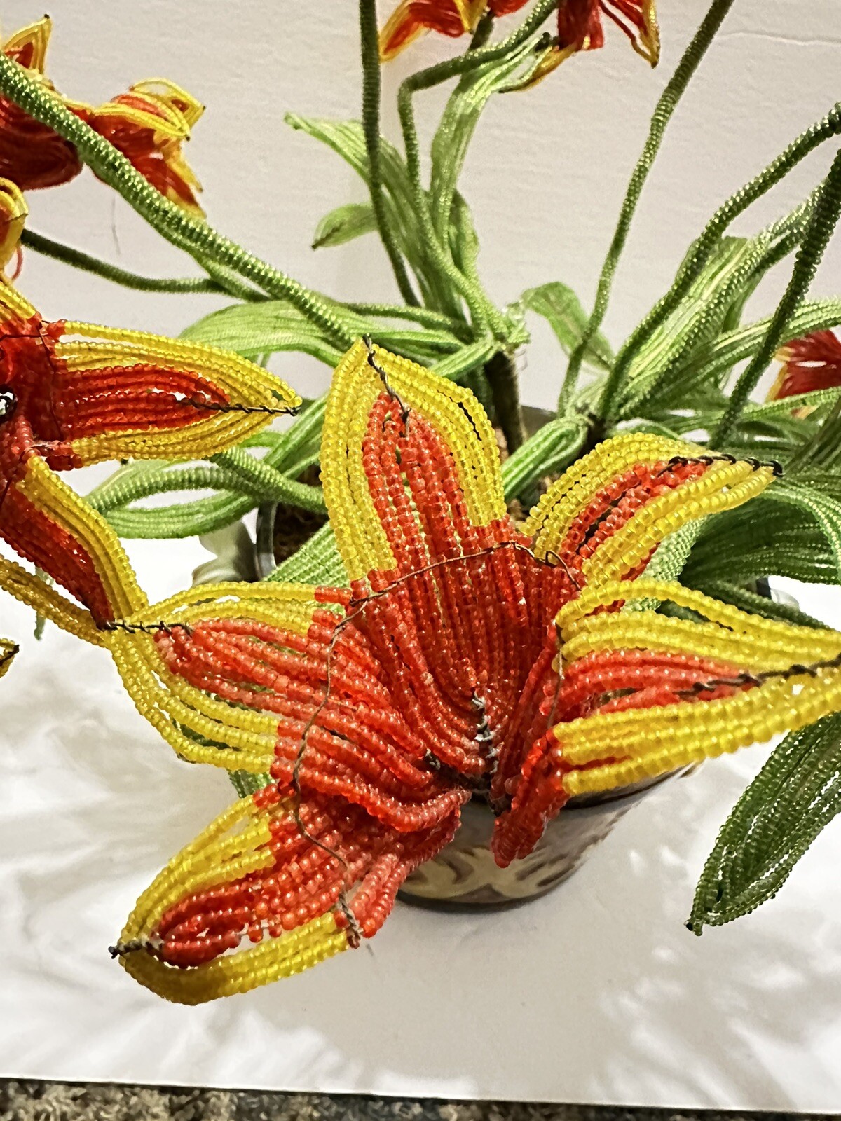 Vintage Beaded Red/yellow Orchid Flowers For Bonwit Teller Made In Italy