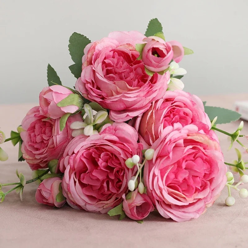 30cm Rose Pink Silk Peony Artificial Flower Bouquet 5 Heads 4 Buds for Decoratio