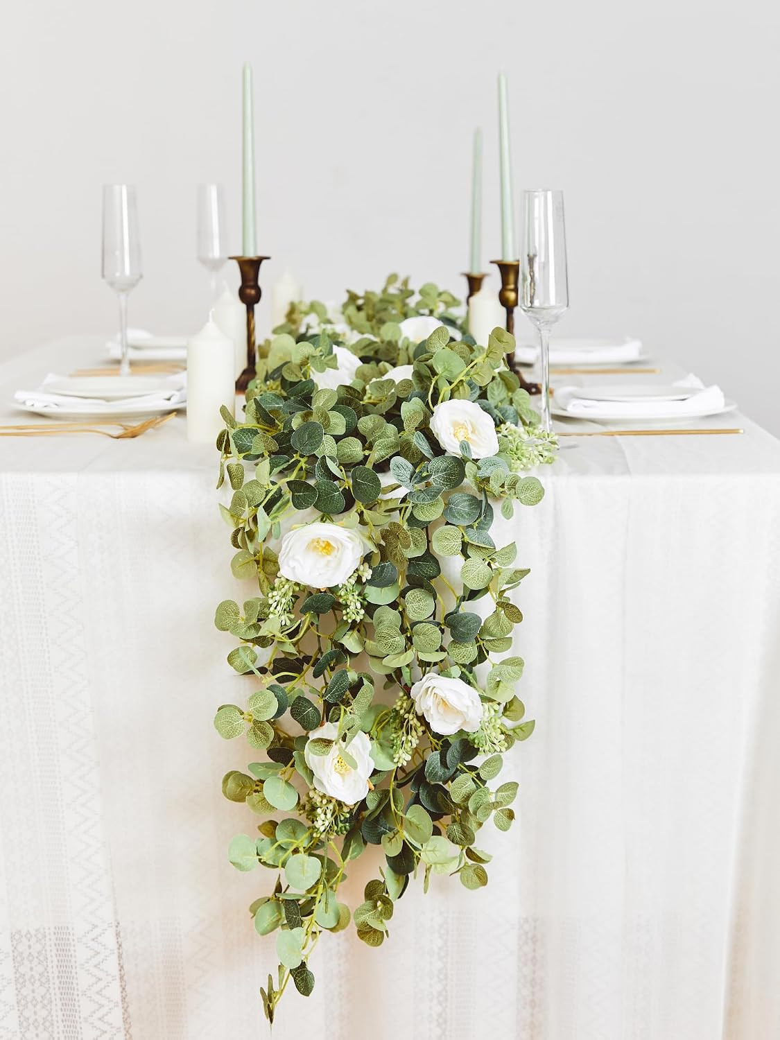 2Pcs 6.56Ft Eucalyptus Garland with Flowers-8 White Roses, Artificial Fake Flowe