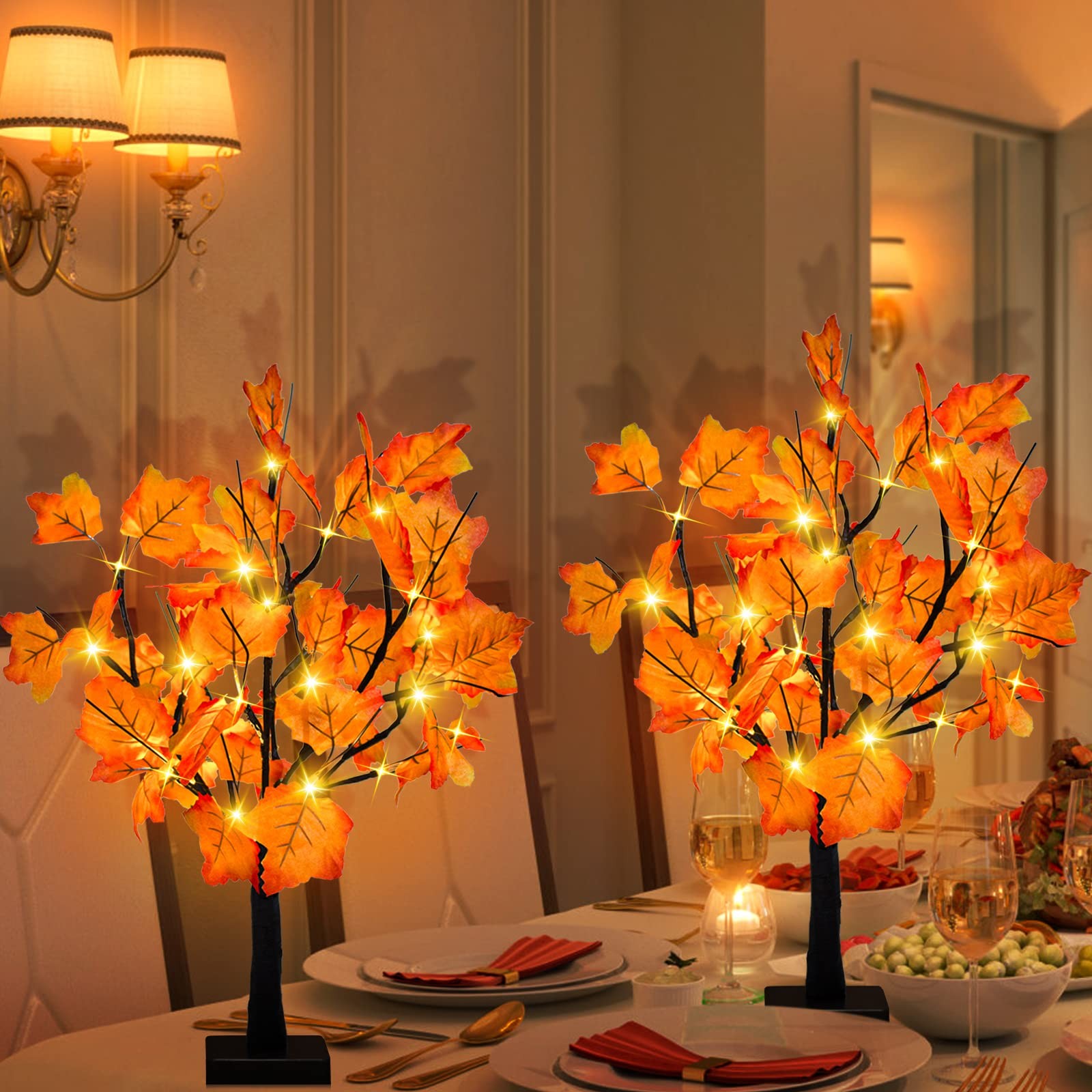 2 Pack 24-inch Fall Lighted Maple Tree, 48 LED Lights, Thanksgiving Decoratio…