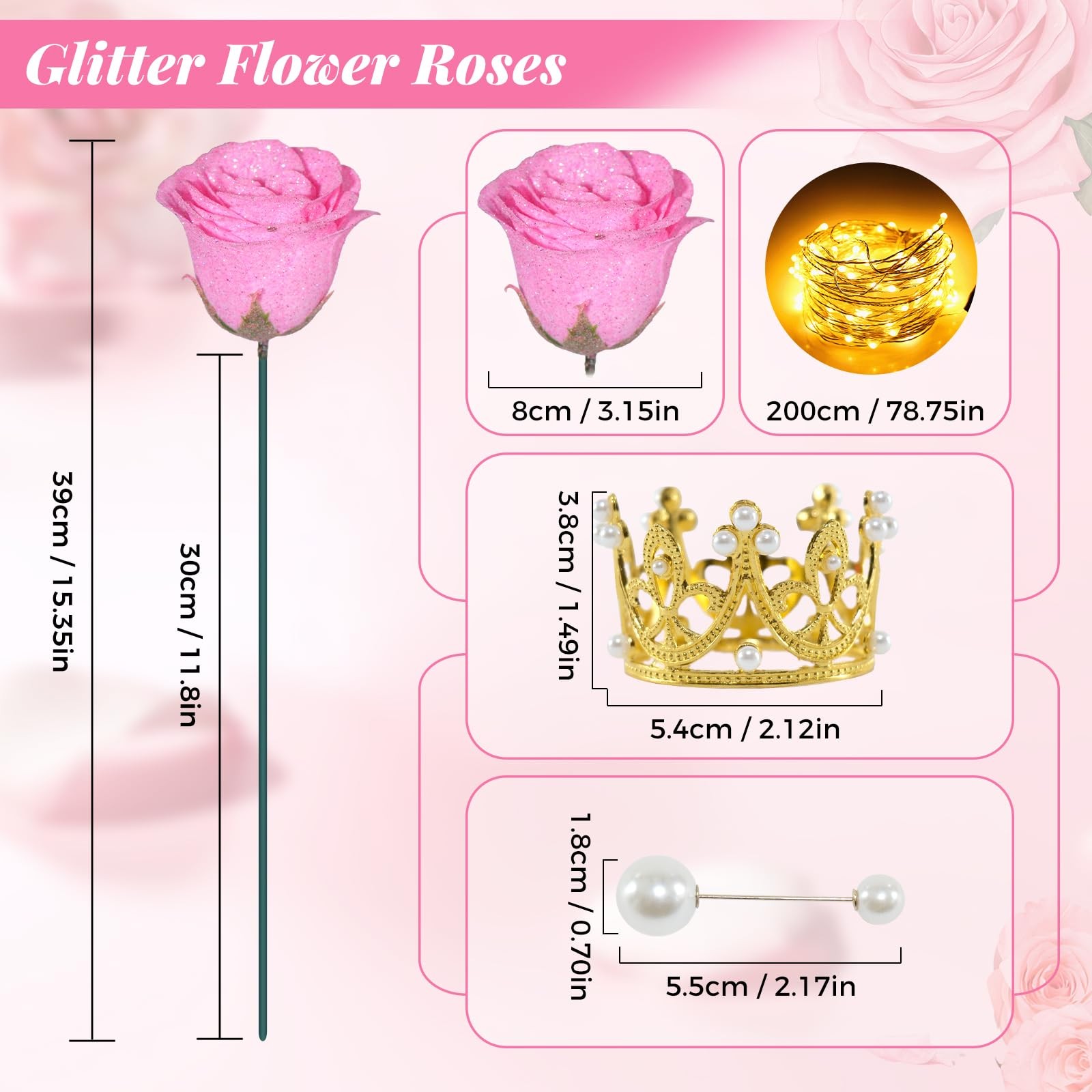 36 PCS Pink Glitter Roses Bouquet Shiny Everlasting DIY Artificial Flower