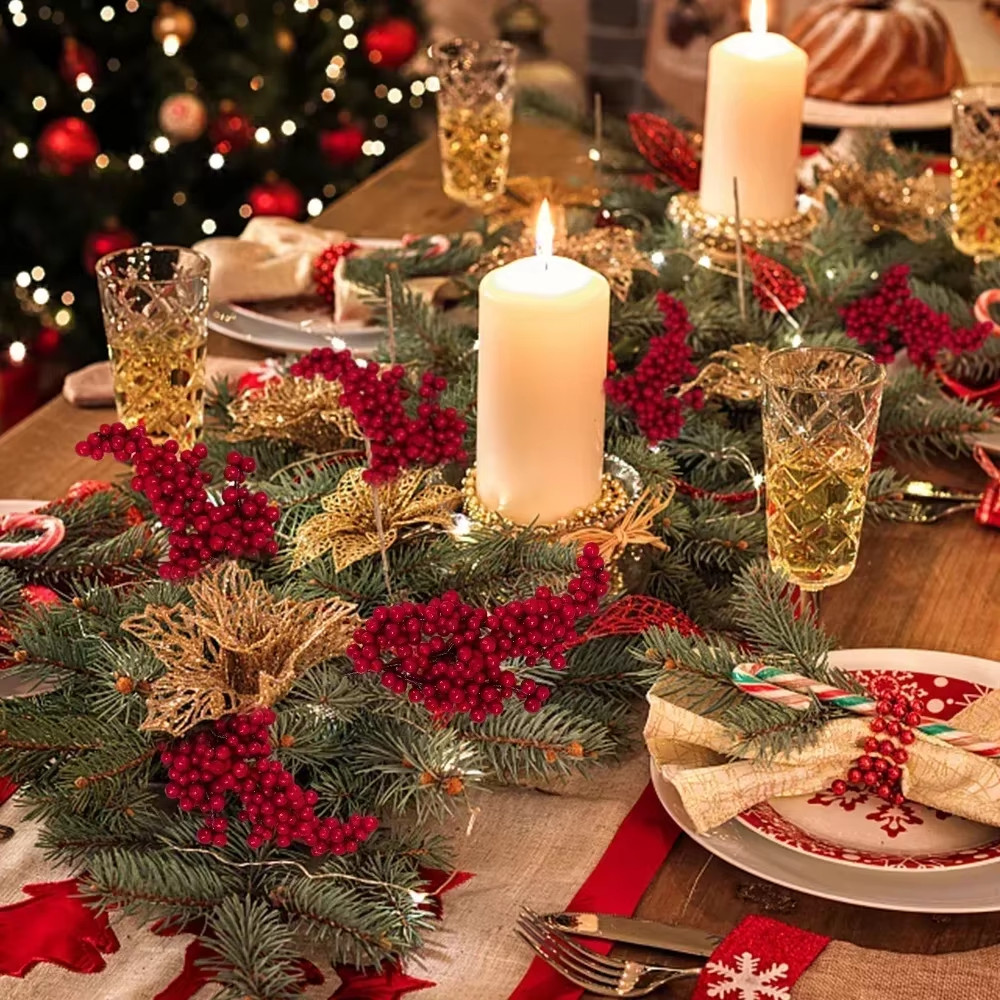 50/1Branch Christmas Artificial Berries Stem Red Holly Berry Fake Flowers Plant