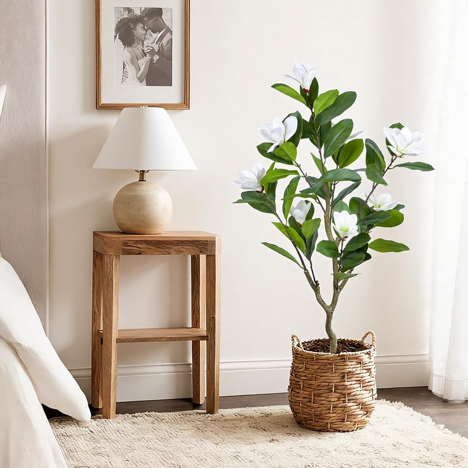 Set of 2 – 45″ Faux Magnolia Trees with Realistic Leaves & Flowers for Decor