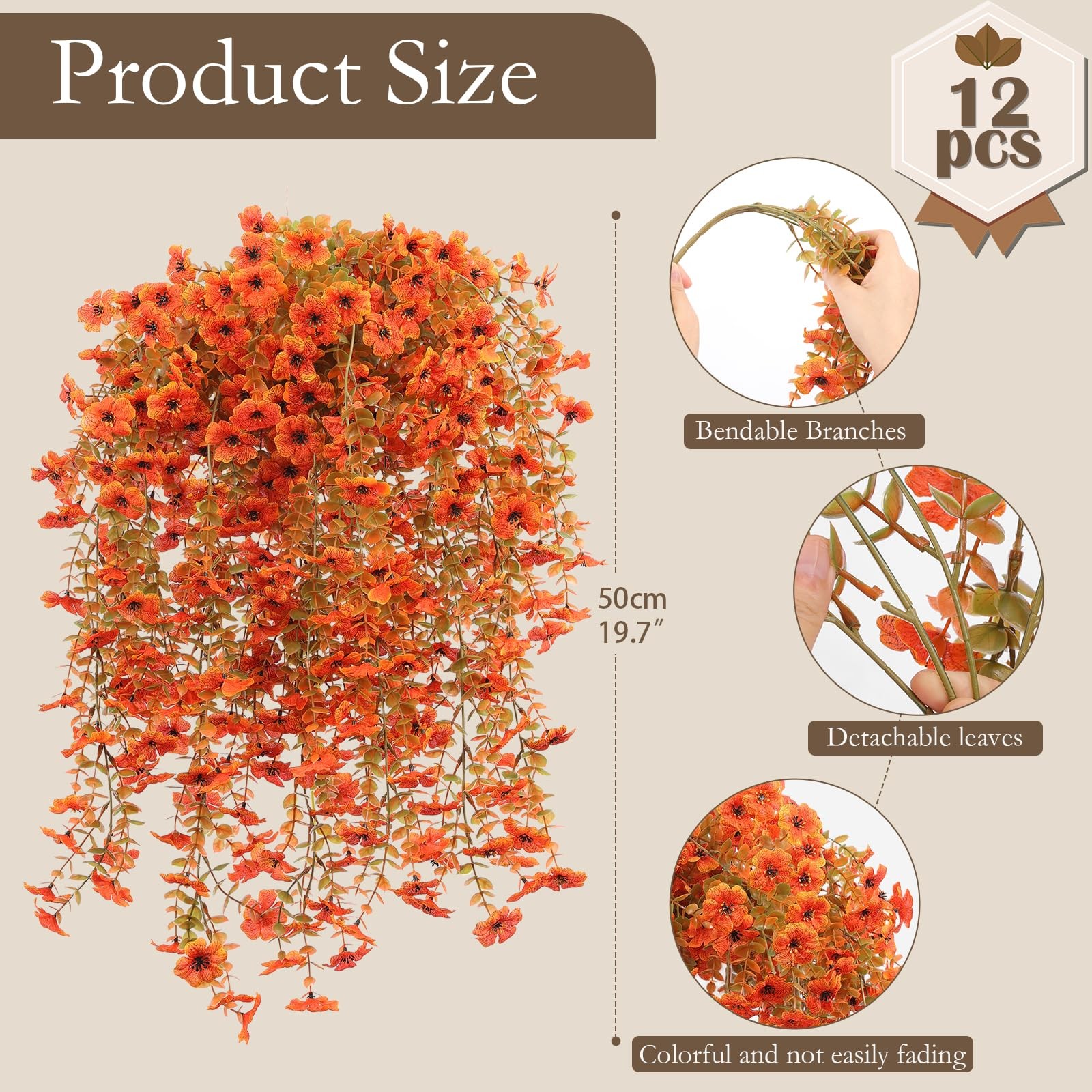 12 Pcs Artificial Hanging Mums Flowers Outdoor, Orange UV Resistant Fake Hang…