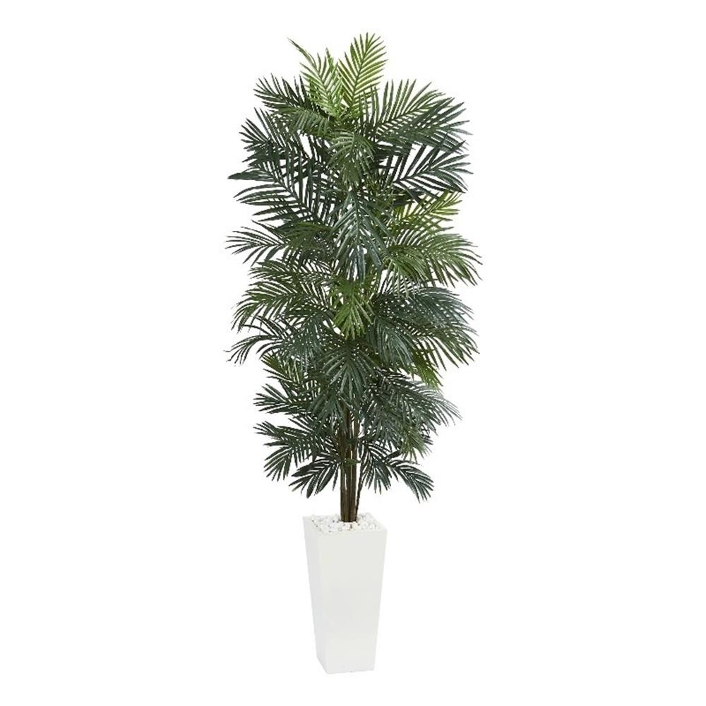 Nearly Natural 7ft Areca Artificial Tree in White Tower Planter in Green