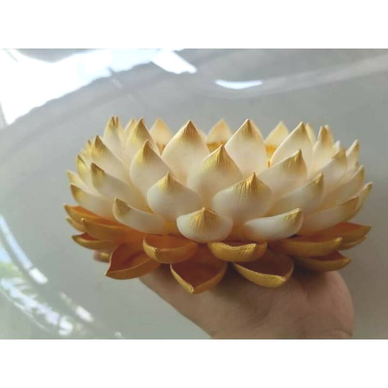 Lotus Flower Air Dry Clay Artificial Gold White Buddha Stand Pedestal Offering