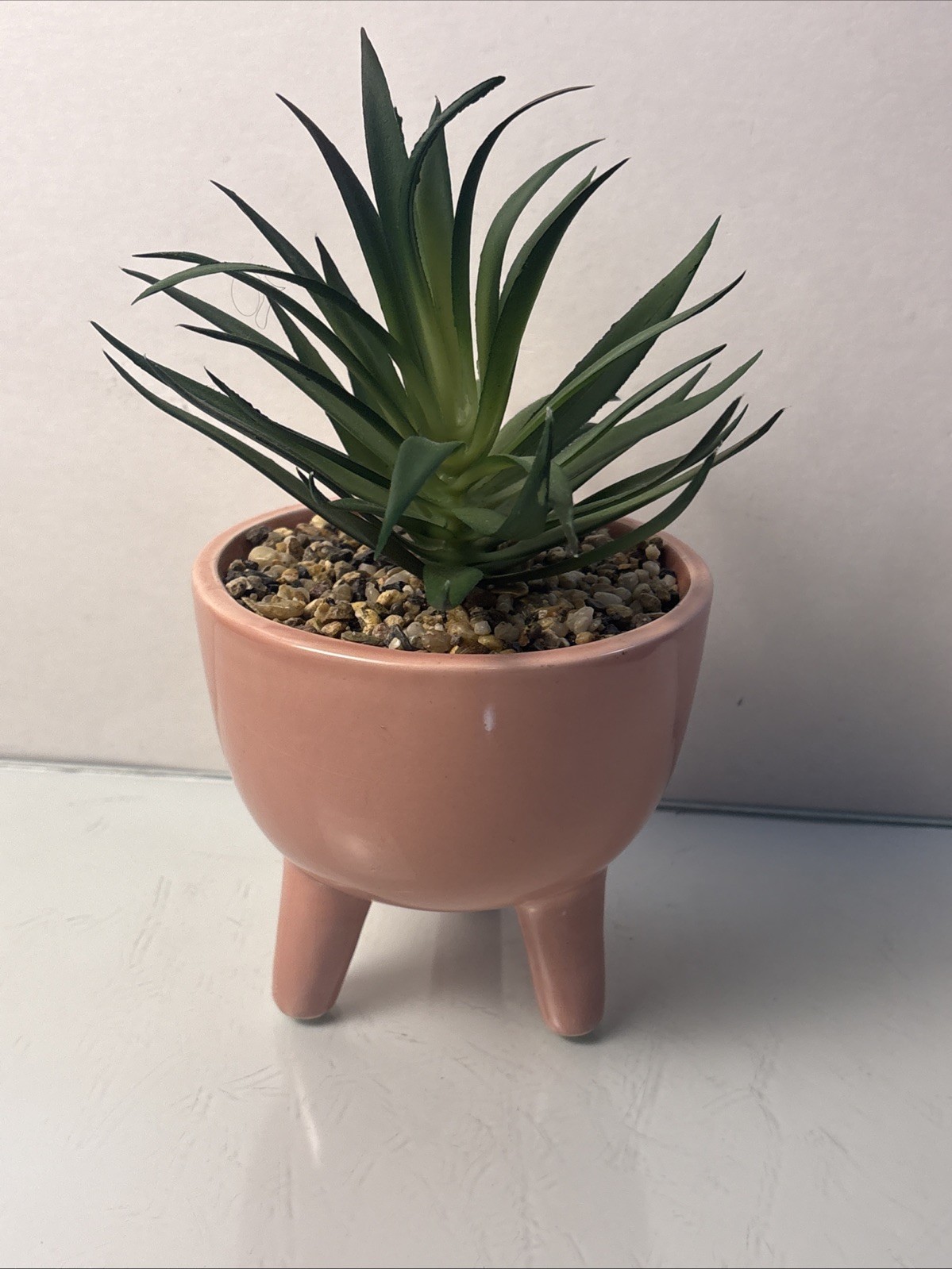 Ceramic Planter w Faux Succulent Pink Tripod Pot Mid Century Style Decor