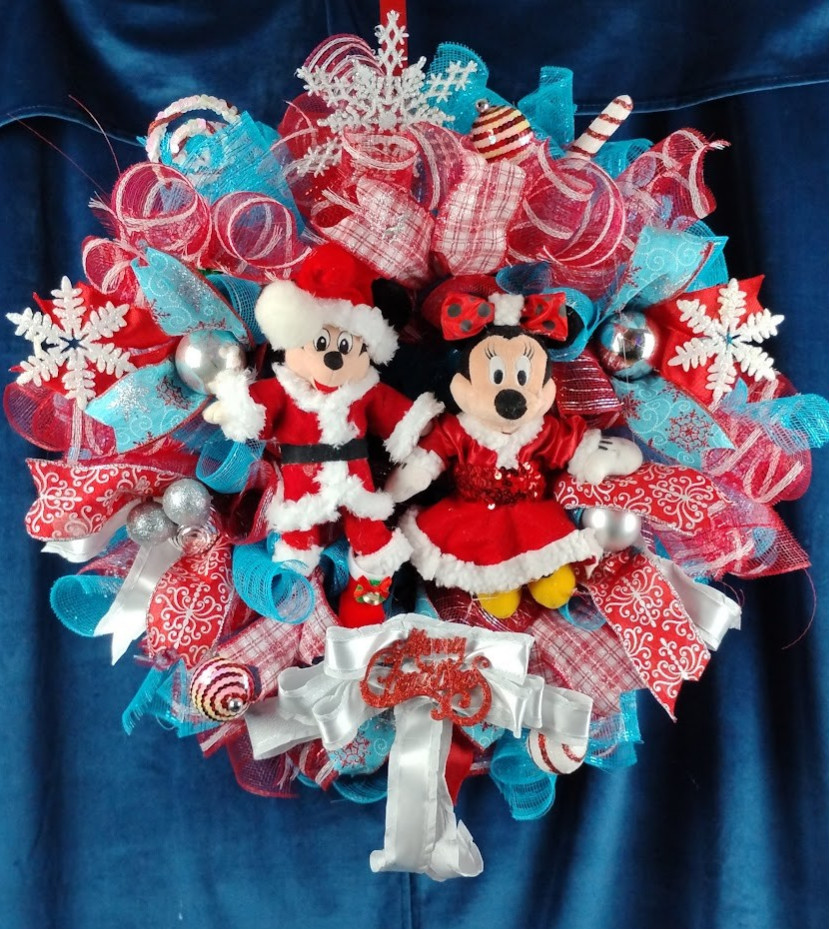 Mickey and Minnie Mouse Christmas Wreath Large 24″ Holiday Front Door Decor