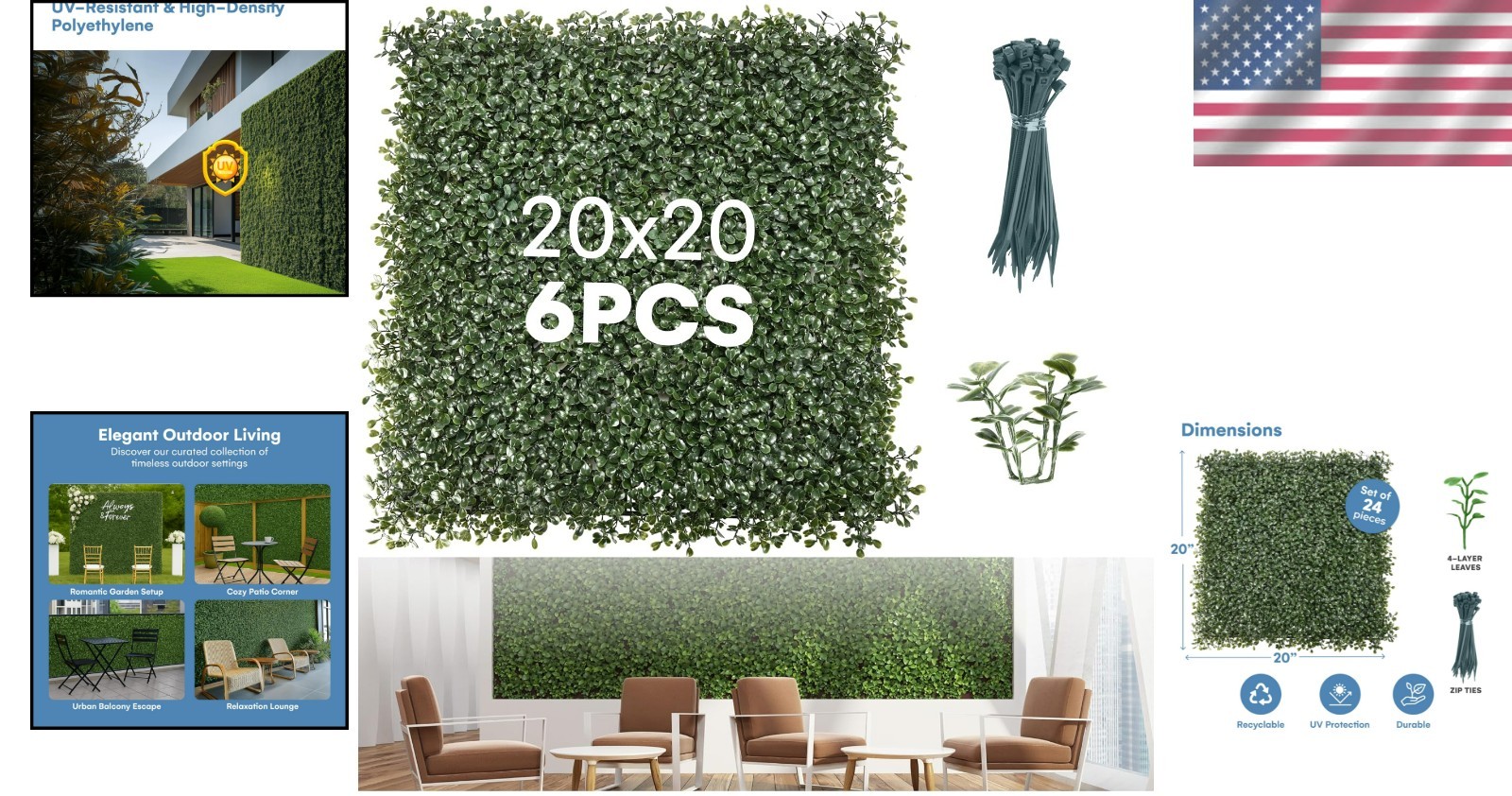 DIY-Friendly Greenery Wall Panels 20”x20” – 6 Pack with Accessories Included
