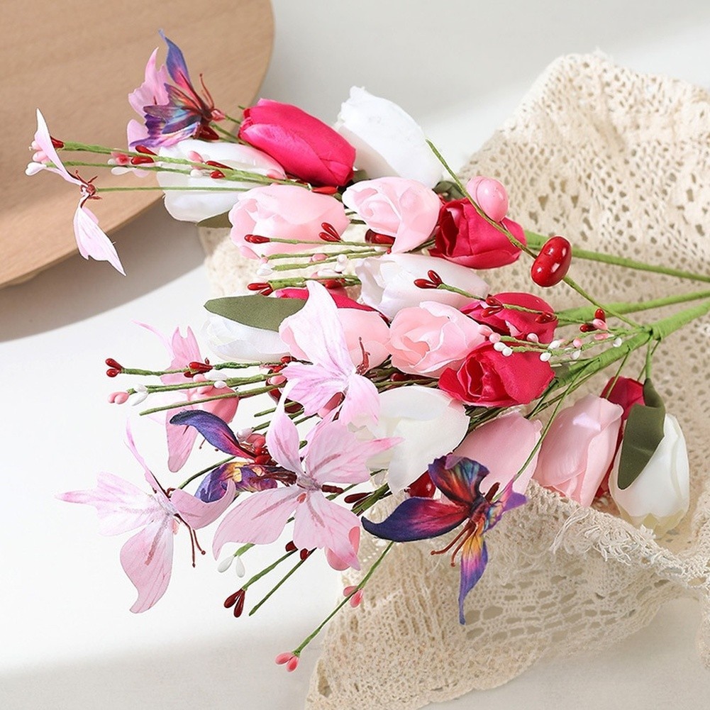 Silk Butterfly Bouquet Pink White Decor Delicate Silk Petals Sturdy Wire Stems