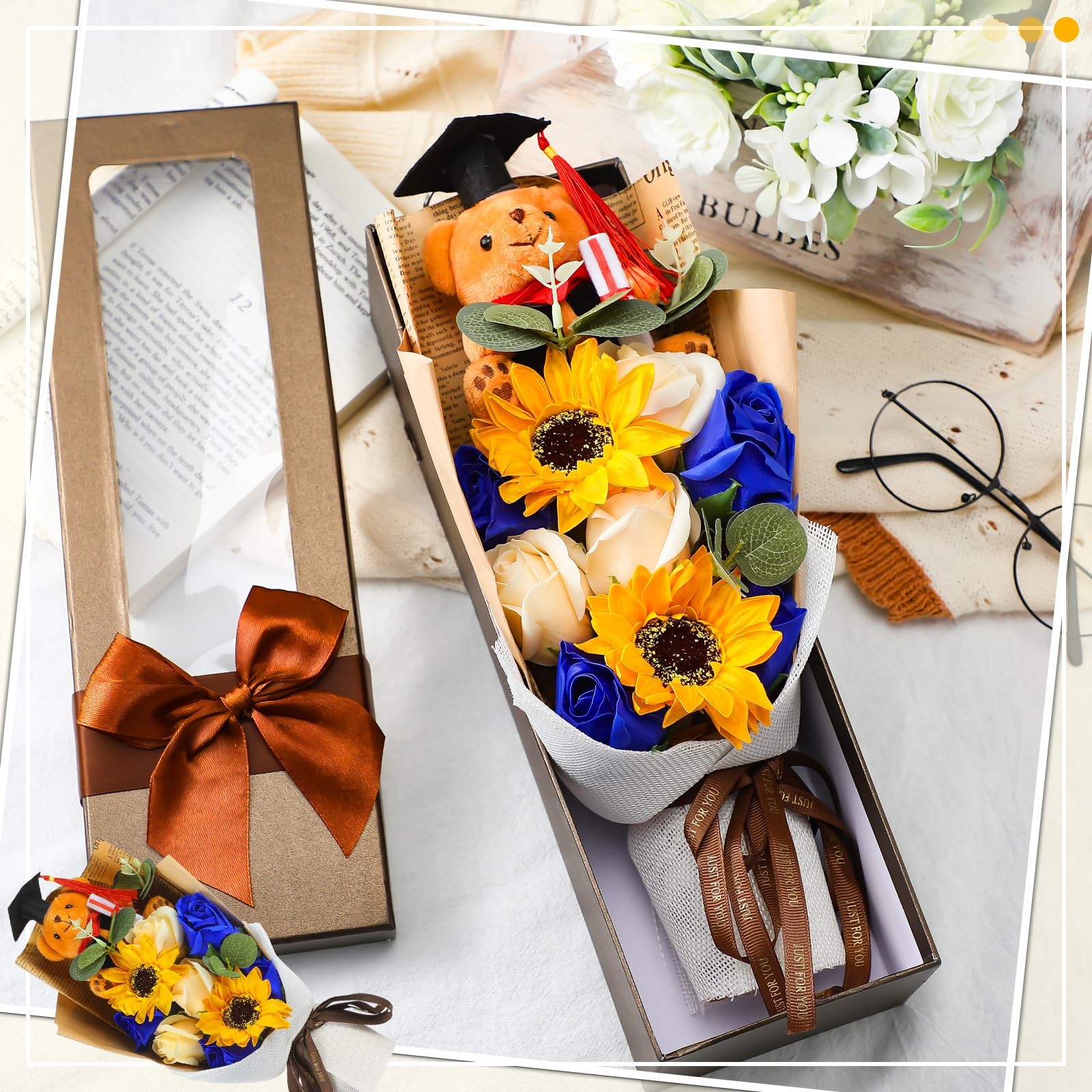 13″ Blue Graduation Rose Sunflower Scented Soap Flower Bouquet Plush Bear