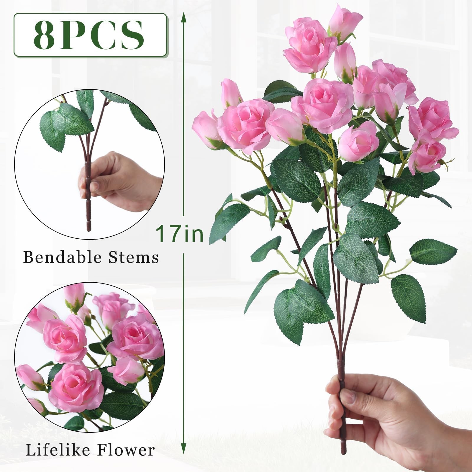8 Bundles Artificial Roses for Front Door Outdoor Decor, Realistic Fake Silk …