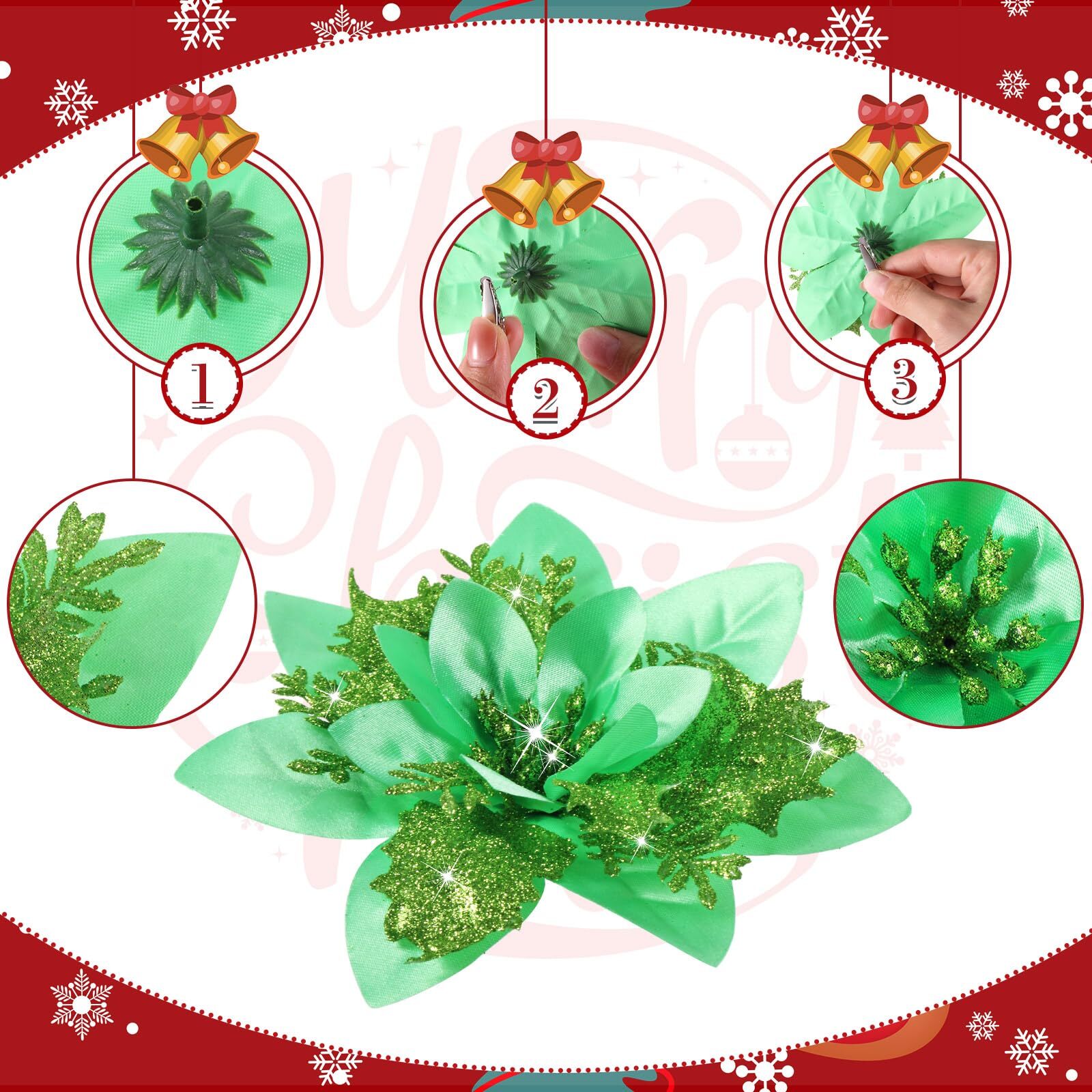 36 Pcs Emerald Green Poinsettias Glitter Christmas Flowers 6″ 4″ 3″ Clips