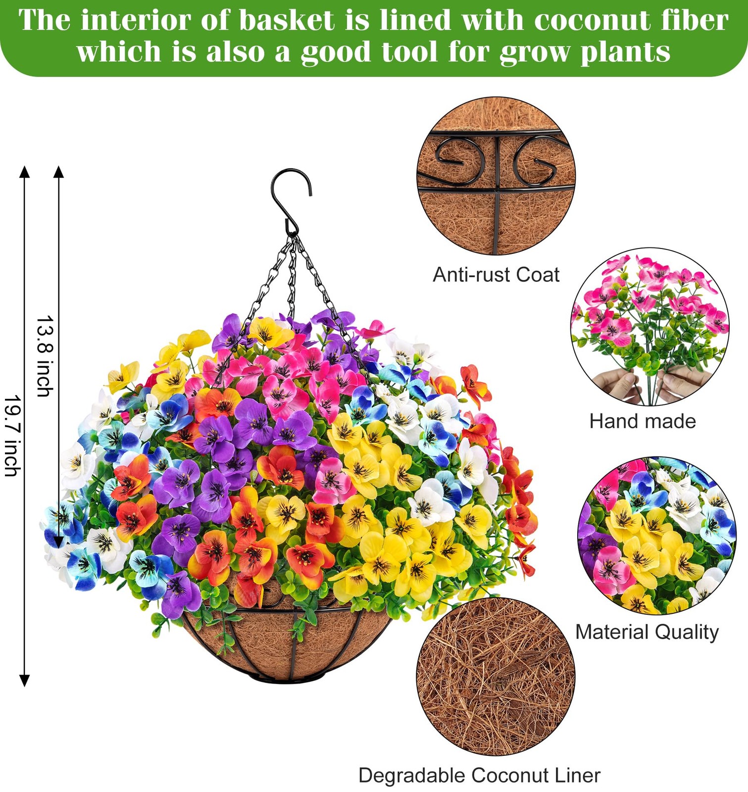 Artificial Hanging Flowers with Baskets for Outdoors, Fake Silk Pansy Flowers…