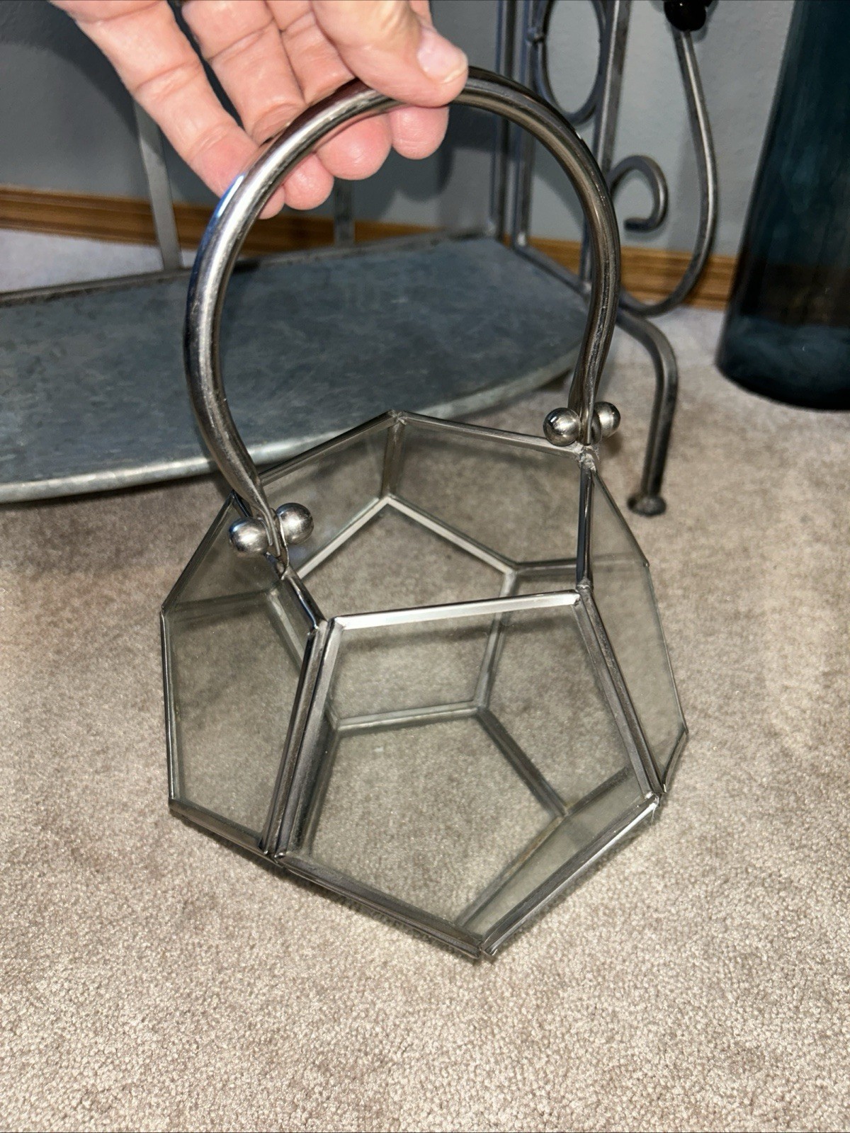 Geometric Glass Terrarium Basket with Metal Handle Pentagonal Display Holder 7”