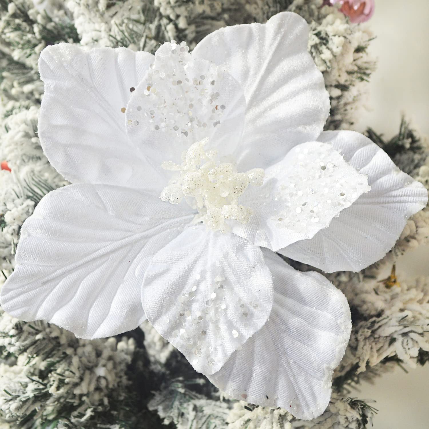 6 PCS Chunky Glitter Christmas Flowers Large Velvet Poinsettia Ornaments White