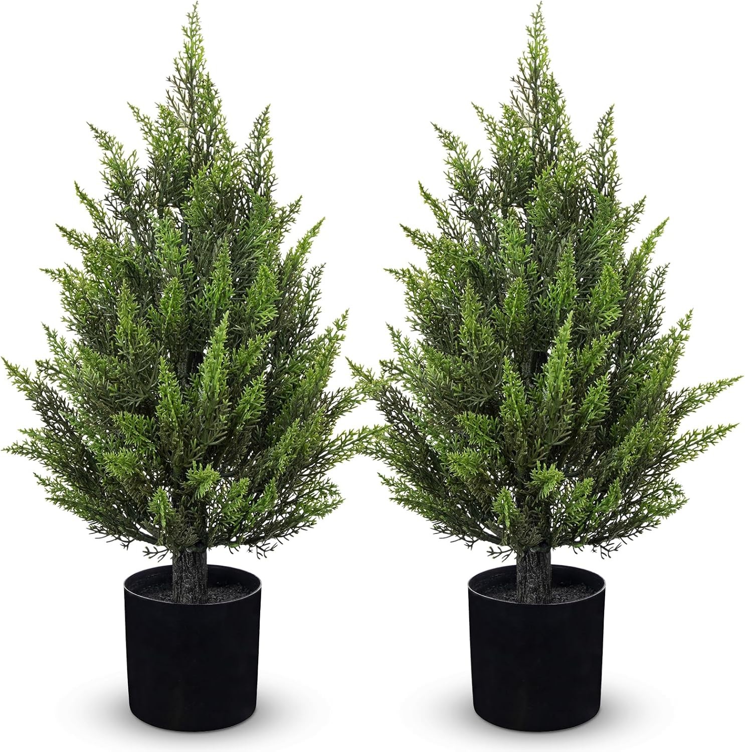 17.7” Artificial Cedar Topiary Tree in Black Pot – Set of 2 Lifelike Evergreen