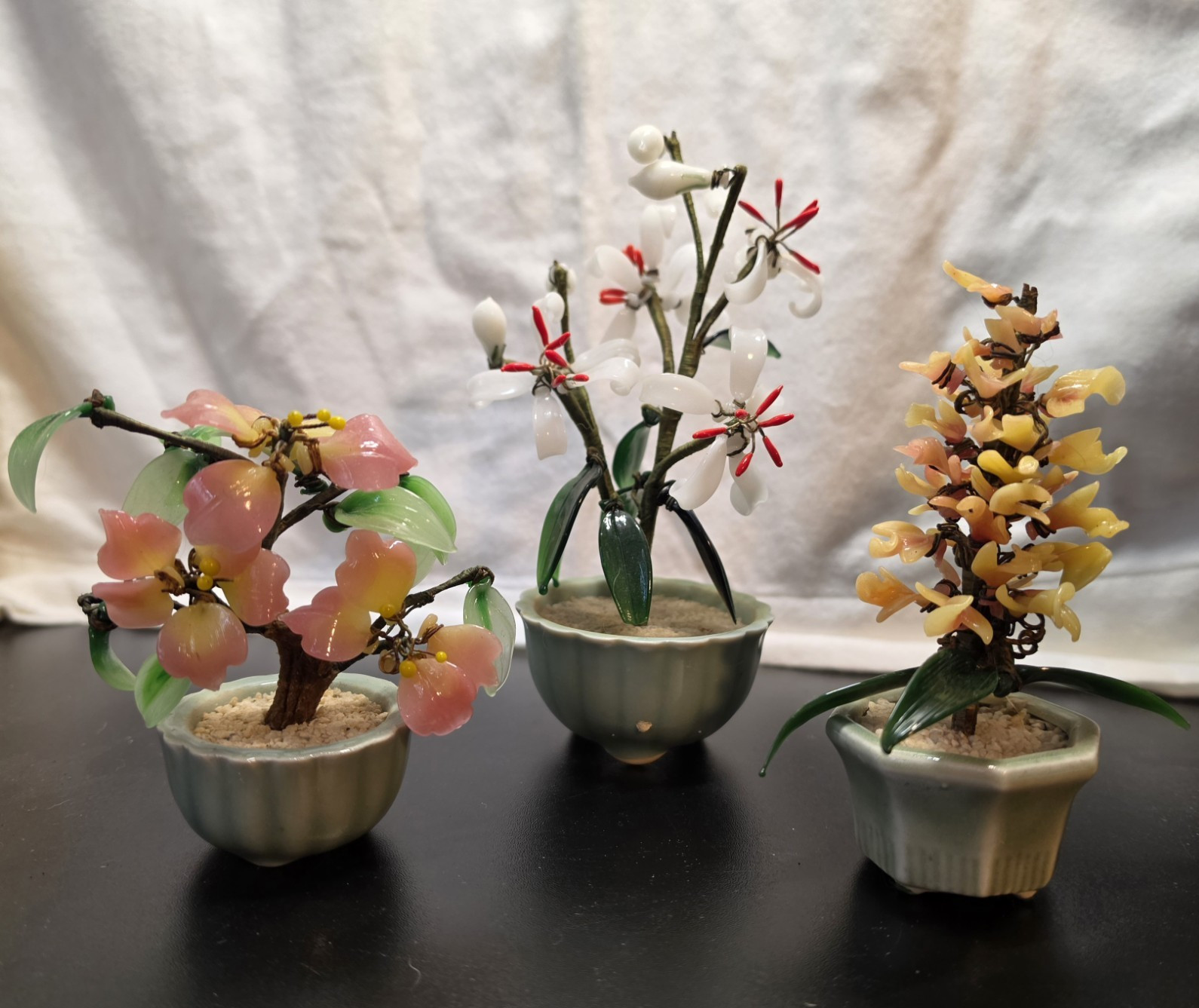 3pc Artificial Bonsai Glass Flower Arrangements in Ceramic Pots, 7in Multicolor